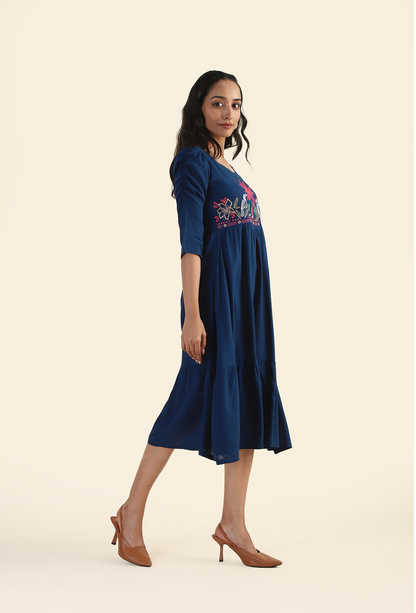 Charming Navy Whispering Toucan with Embroidery Dress