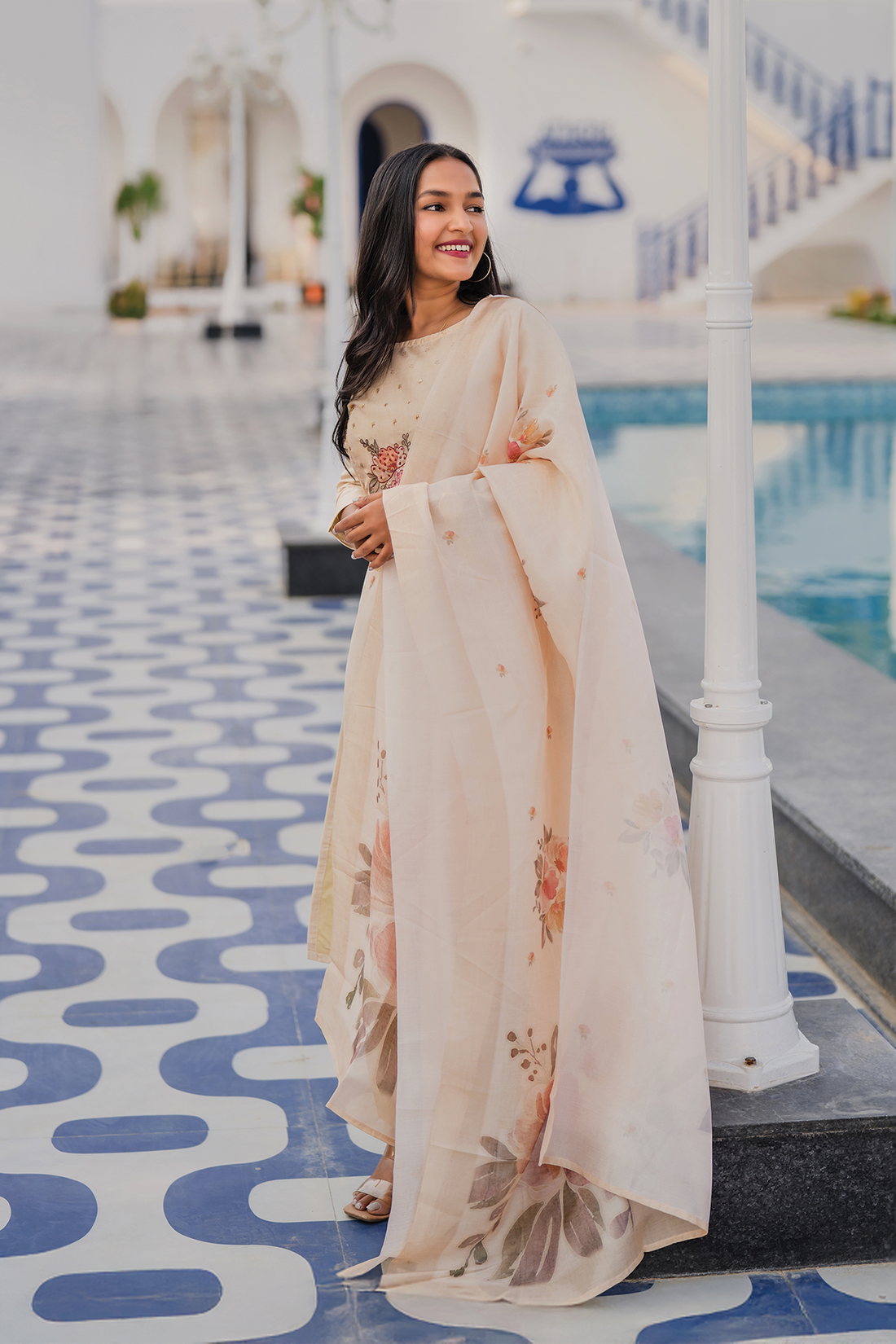 Fable Blossom Embroidered 3 Piece Butter Silk Blend Kurta Set with Dupatta