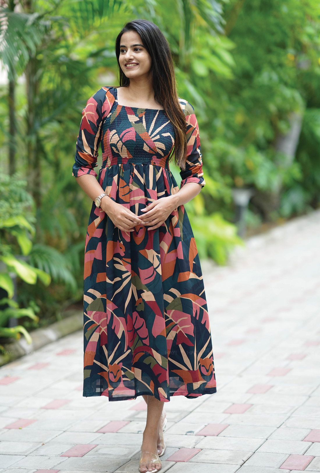 Multicolour With Jungle Serenity Smocked Viscose Dress