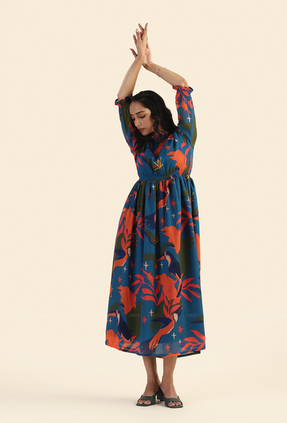 Jungle Blue Fluttering Wings Viscose Printed Dress