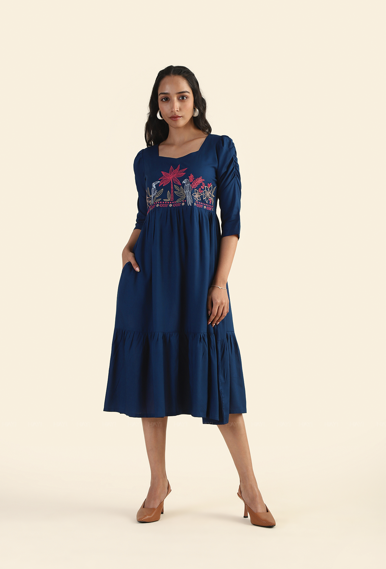 Charming Navy Whispering Toucan with Embroidery Dress