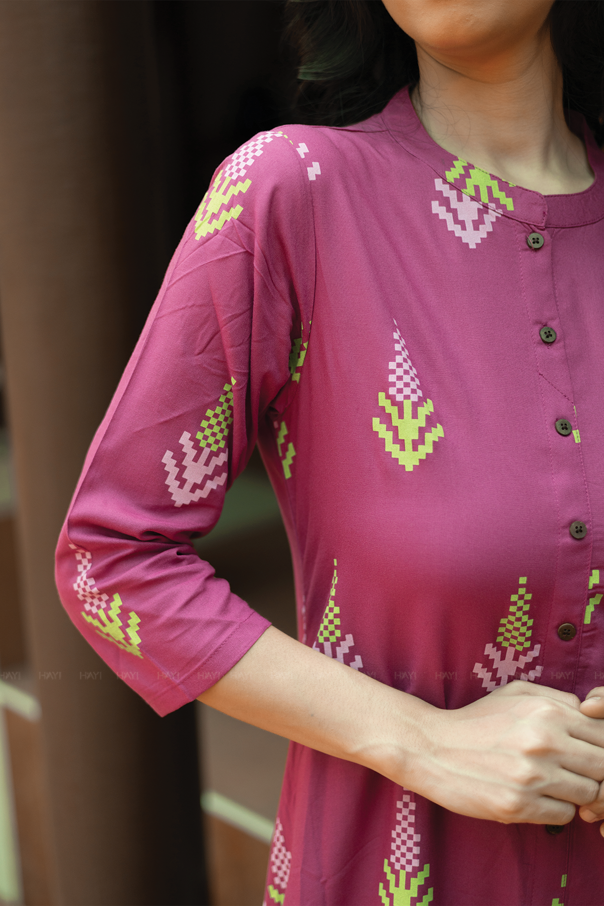 Heritage Glow Violet Viscose A-line Kurta with Chinese Collar neck &amp; 3/4th Sleeves