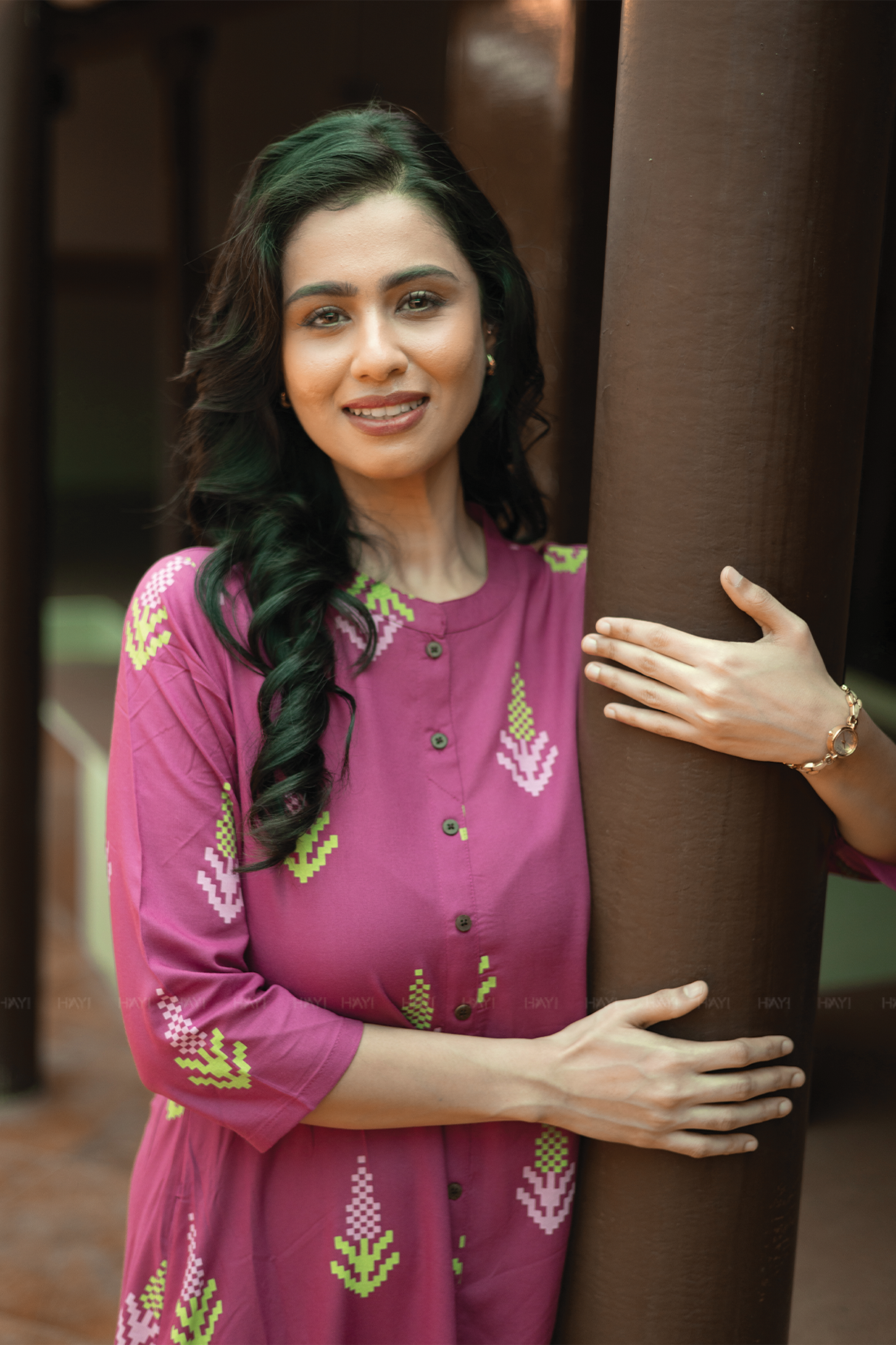 Heritage Glow Violet Viscose A-line Kurta with Chinese Collar neck &amp; 3/4th Sleeves