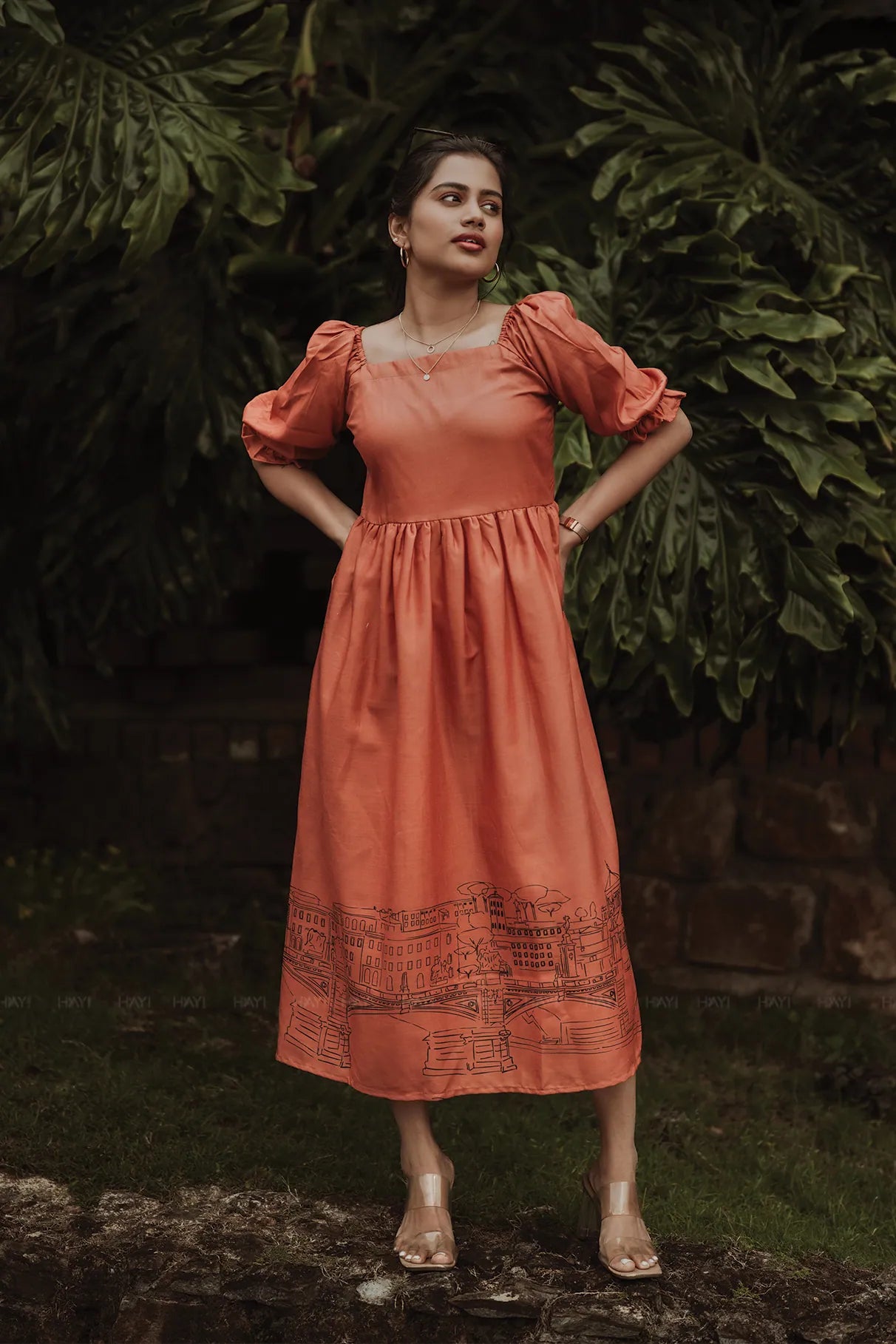 Rustic Cityline Orange Viscose with Square Neck &amp; Puff Frill Sleeves