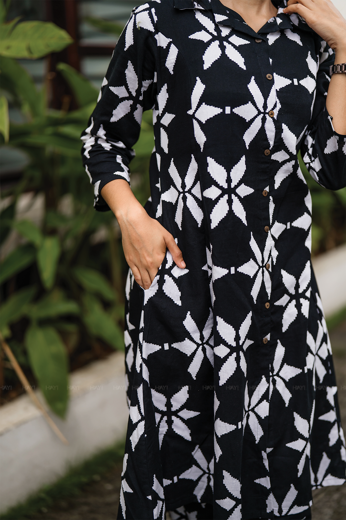 Charcoal Charm Black Cotton Flex Co-ord with Shirt Collar &amp; Elbow sleeves