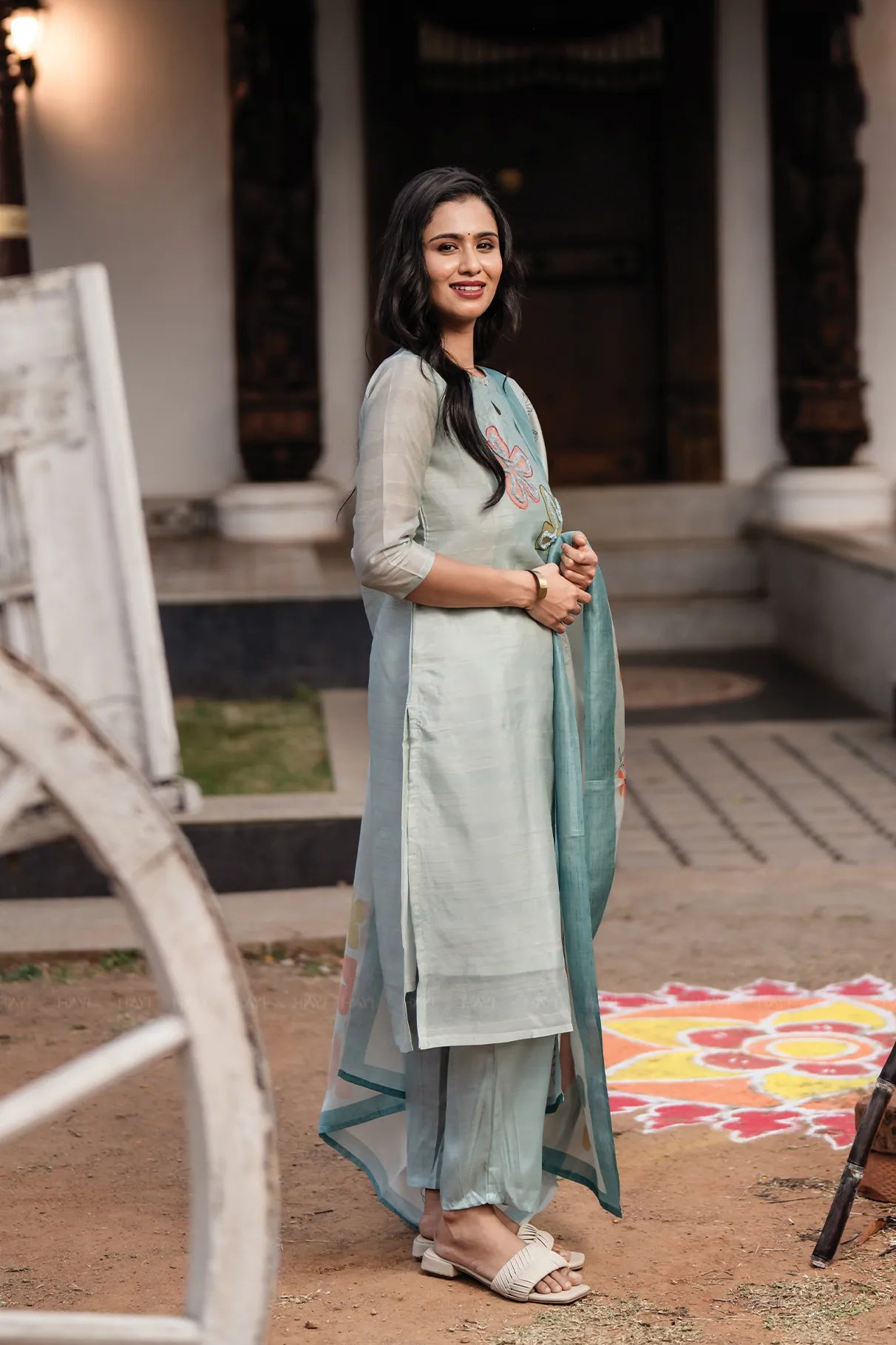 Blueish Blue 3 Piece Tussar Silk Blend Printed Hand-Embroidered Kurta with Pant &amp; Dupatta