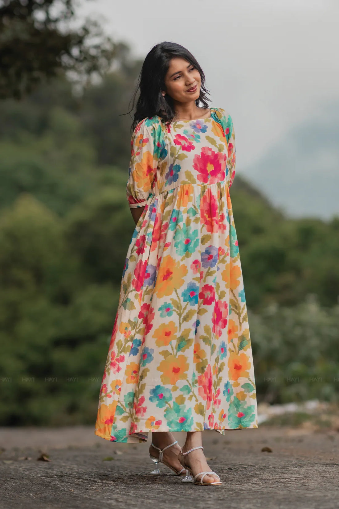 Sunblossom Breeze Beige Viscose Floral Dress with Square Neck &amp; Puff Sleeves