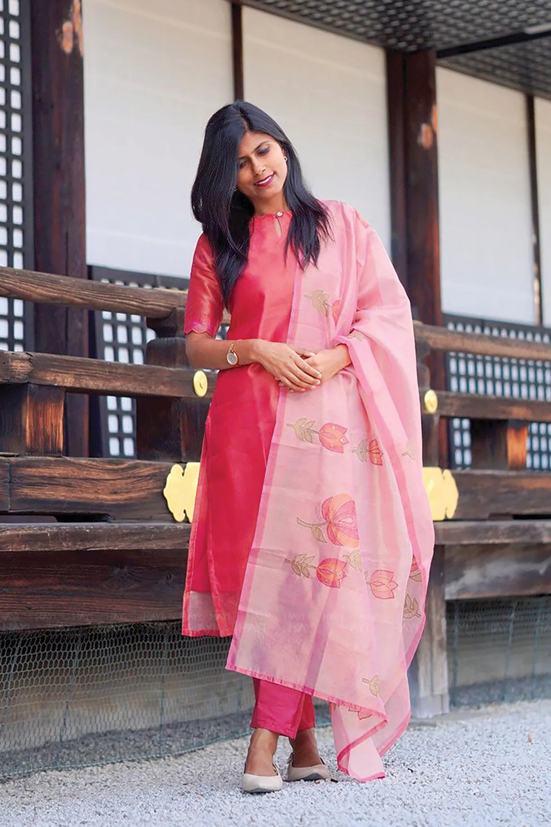 Tavira Pink 3 piece Tussar Silk Blend Printed Kurta with Pant &amp; Dupatta