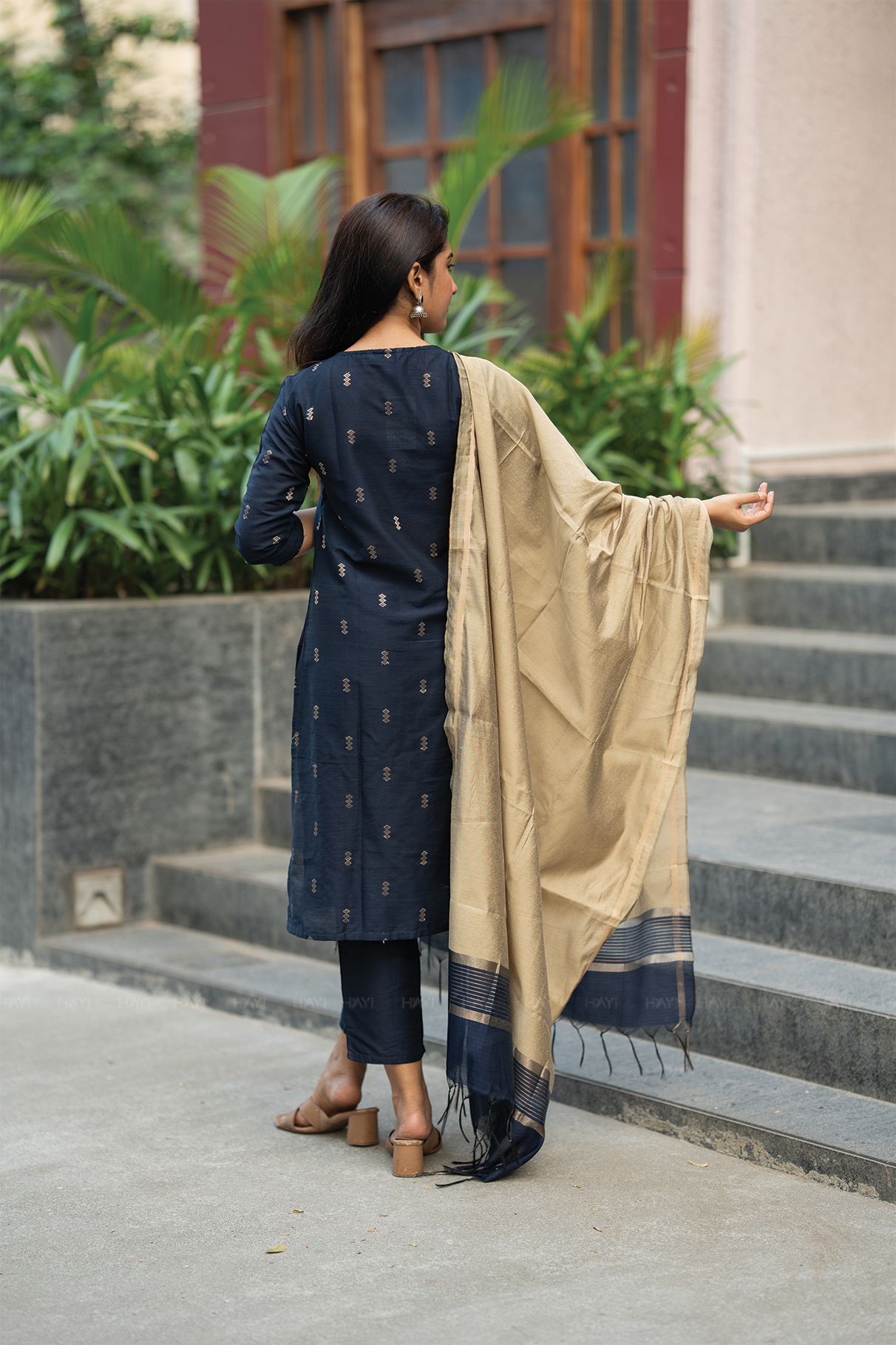 Neelika Navy 3 Piece Viscose Jacquard Weave Kurta with Pant &amp; Dupatta