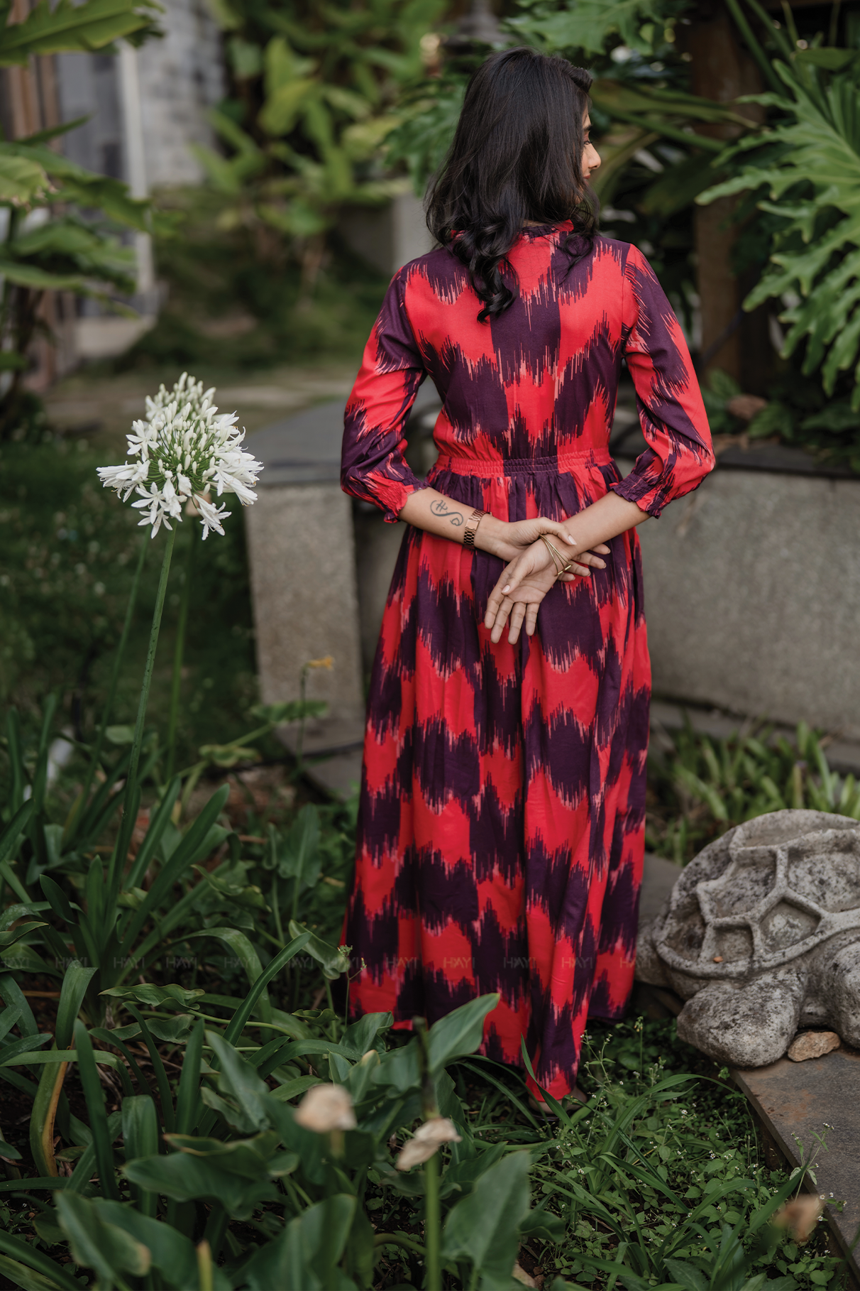 Ikat Lucent Red Viscose Umbrella Outfit with Frills Neck