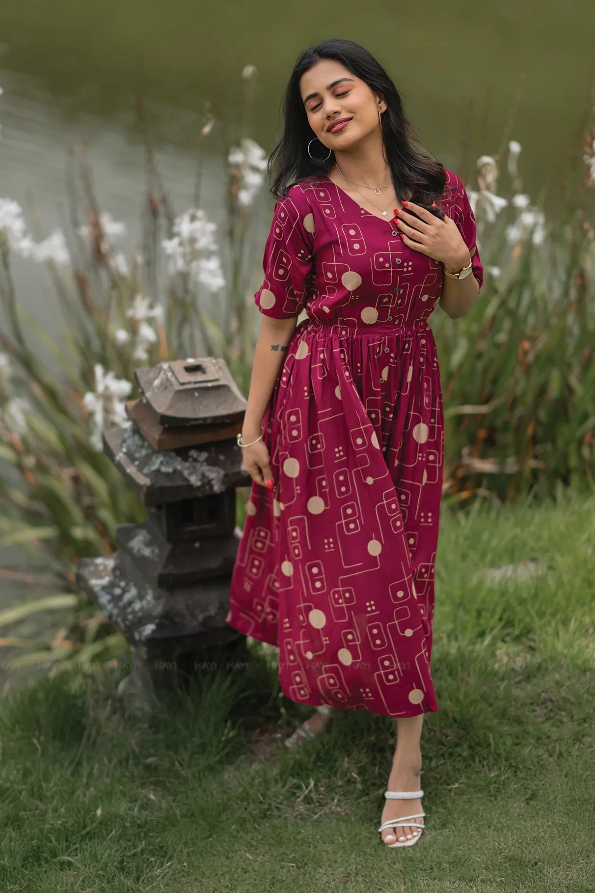 MatrixElegance Maroon Viscose with V-Neck &amp; Flared Elbow Sleeves