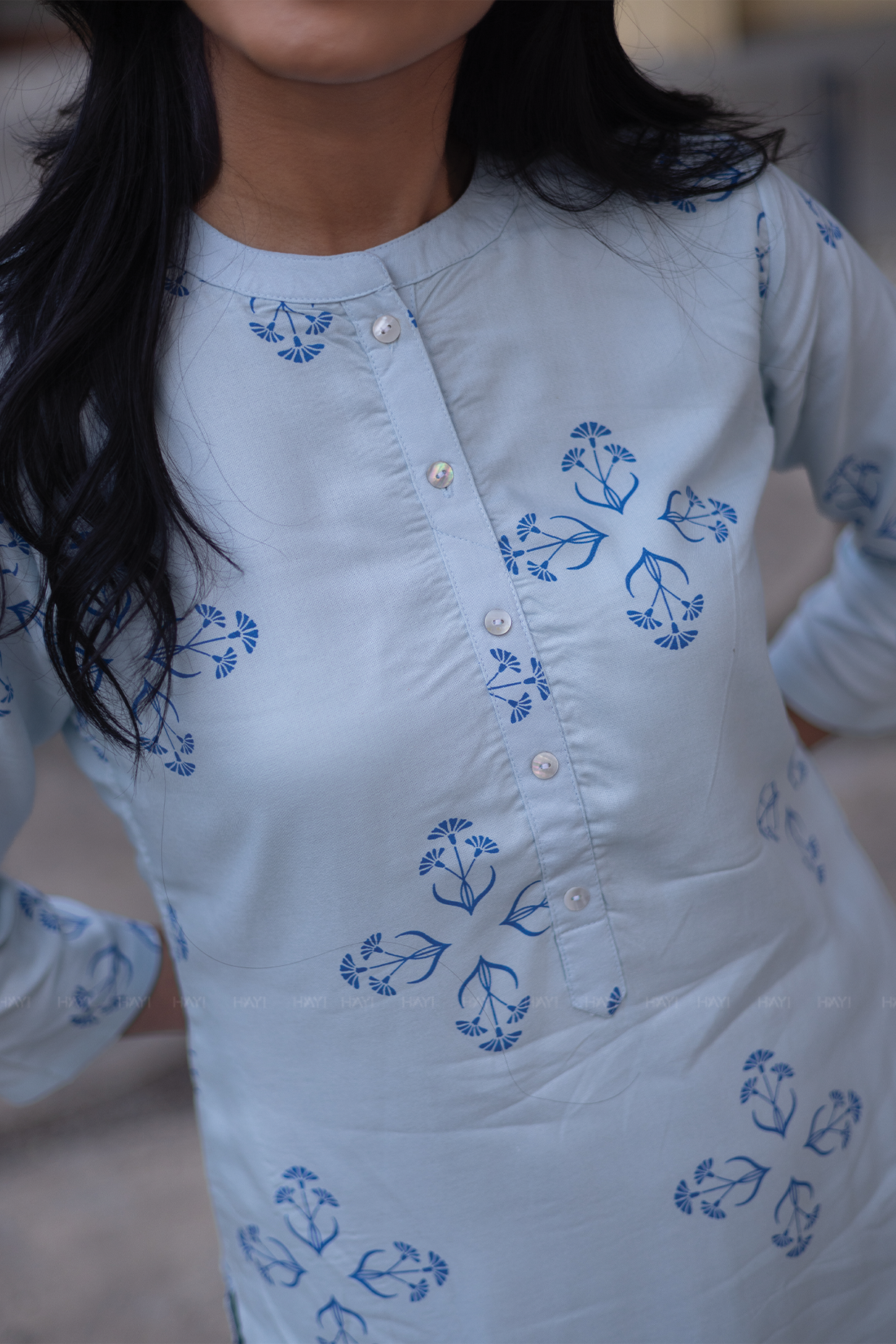 Willow Mist Blue Viscose Co-ord with Chinese Collar &amp; 3/4th sleeves