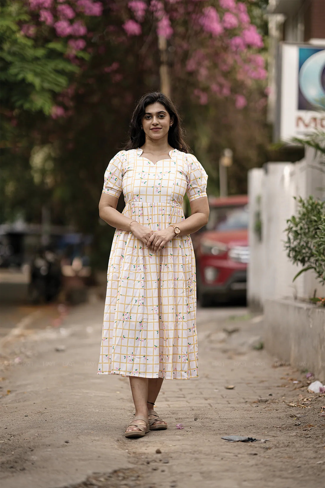 Florentia Grid Yellow Printed Maternity and Feeding maxi Dress