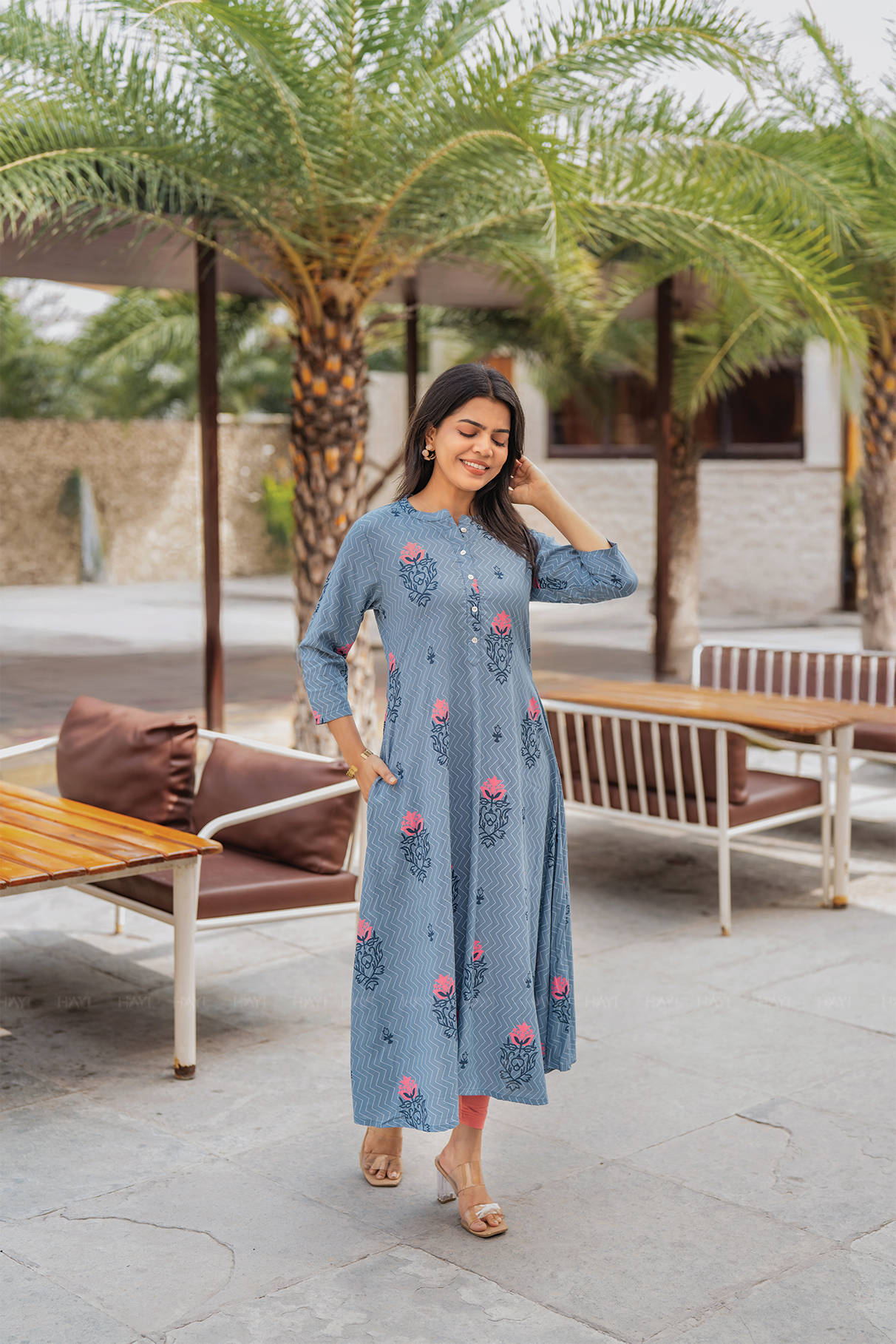 Bloomtrace Greyish Blue Viscose A-Line Kurta with Chinese Collar Neck &amp; 3/4th Sleeves
