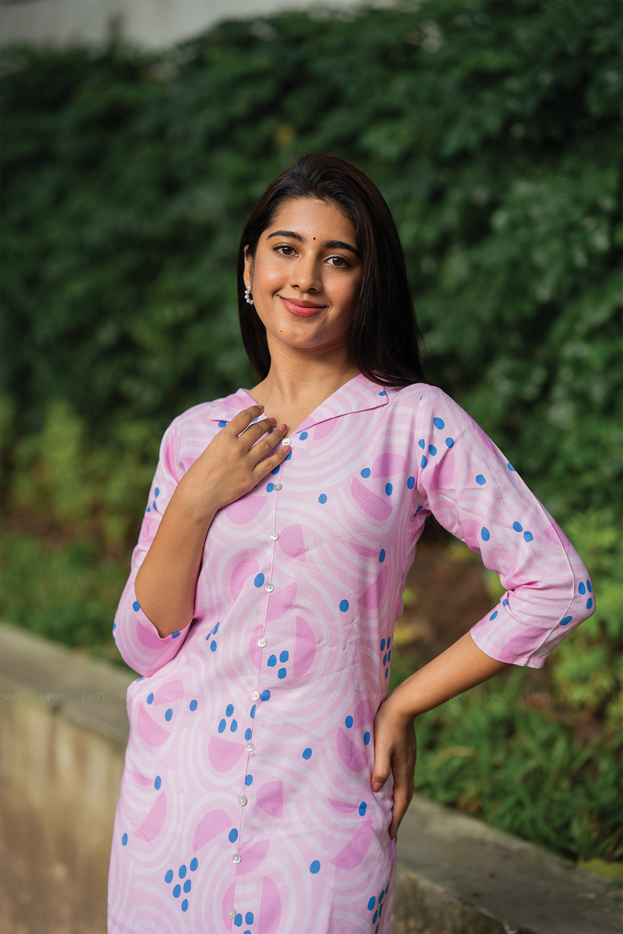 BreezeLine Pink Viscose Kurta with V-Flap Collar Neck &amp; 3/4 Sleeves