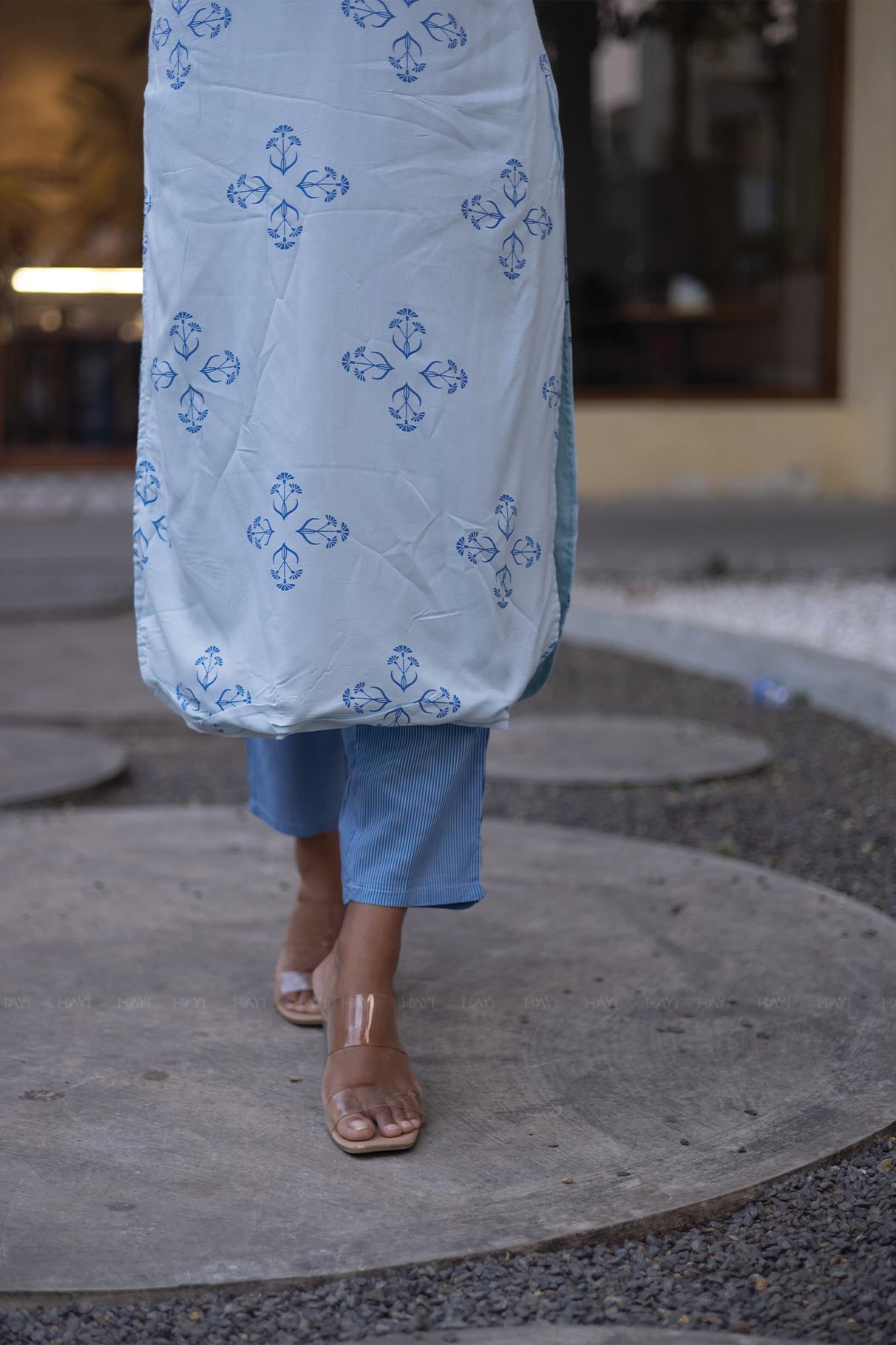 Willow Mist Blue Viscose Co-ord with Chinese Collar &amp; 3/4th sleeves