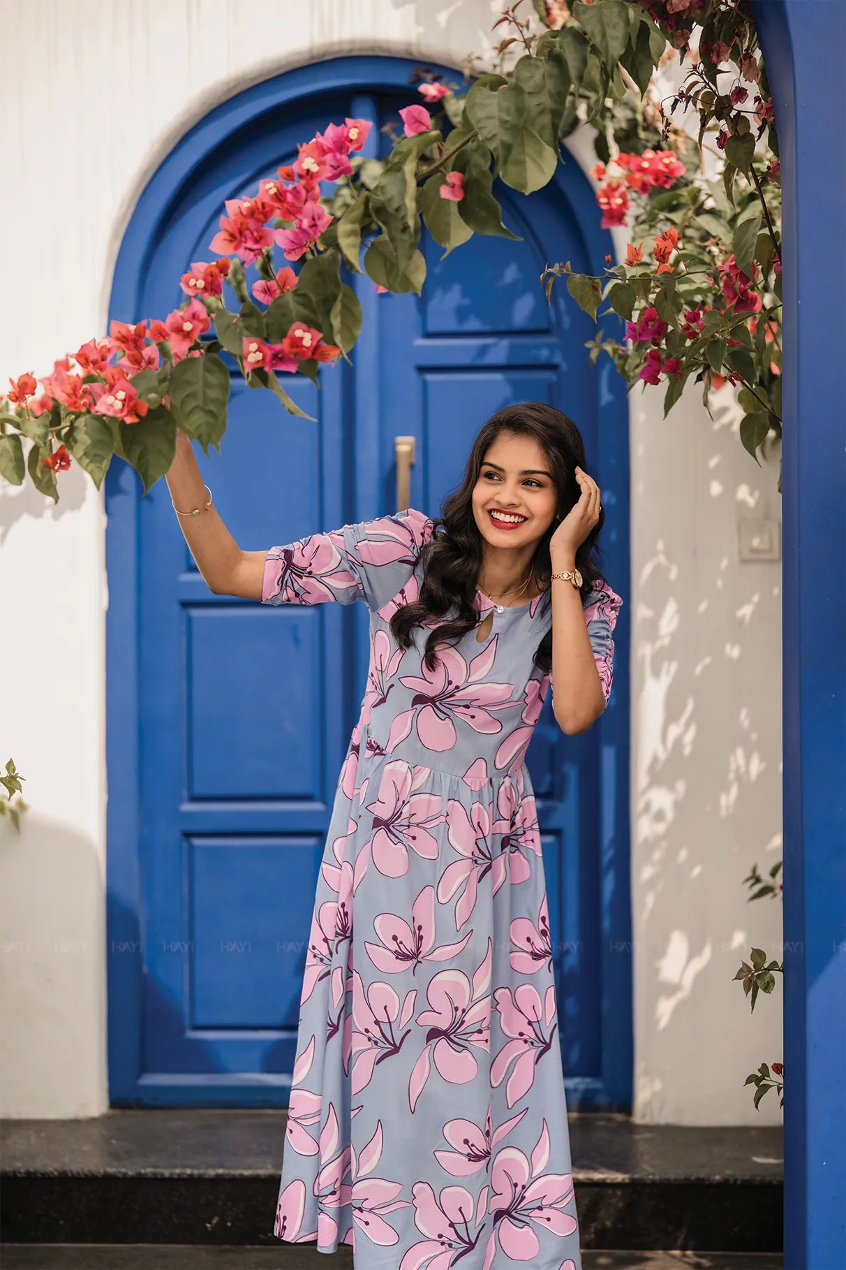 Drifting Blossoms Blue Viscose Dress with Boat Neck &amp; Ruched Sleeves