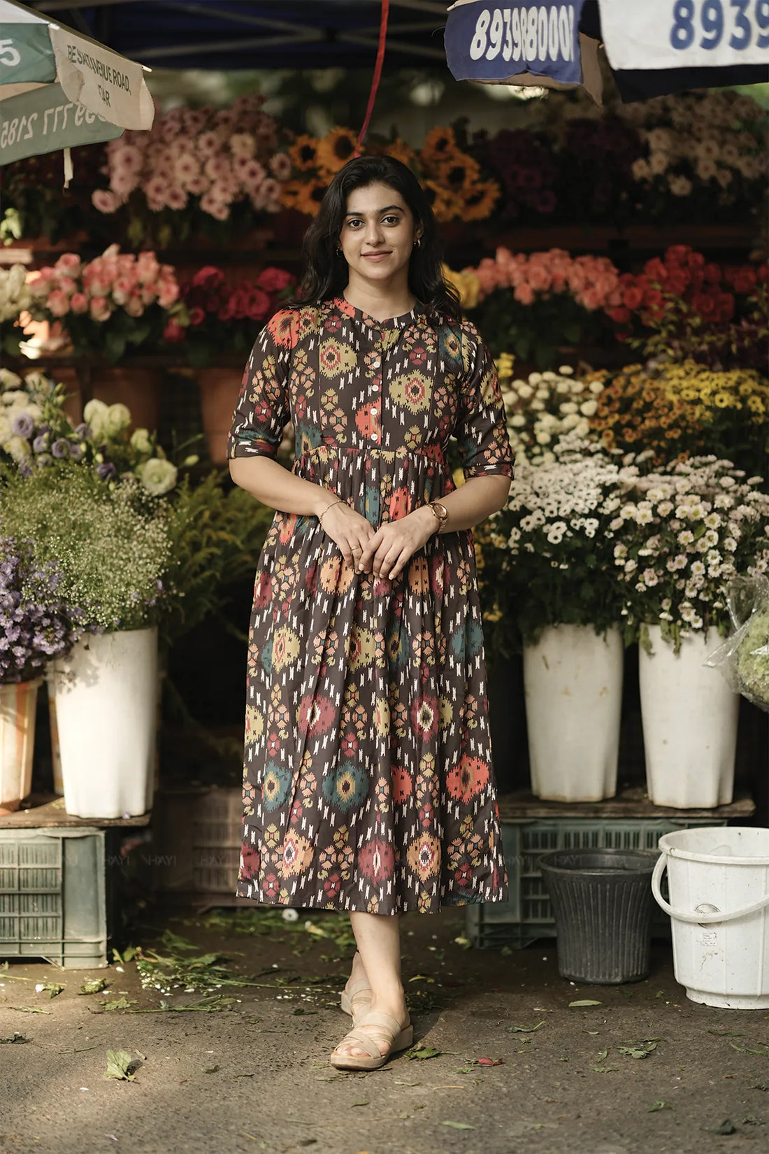 Browie Ikat Brown Printed Maternity and Feeding Maxi Dress