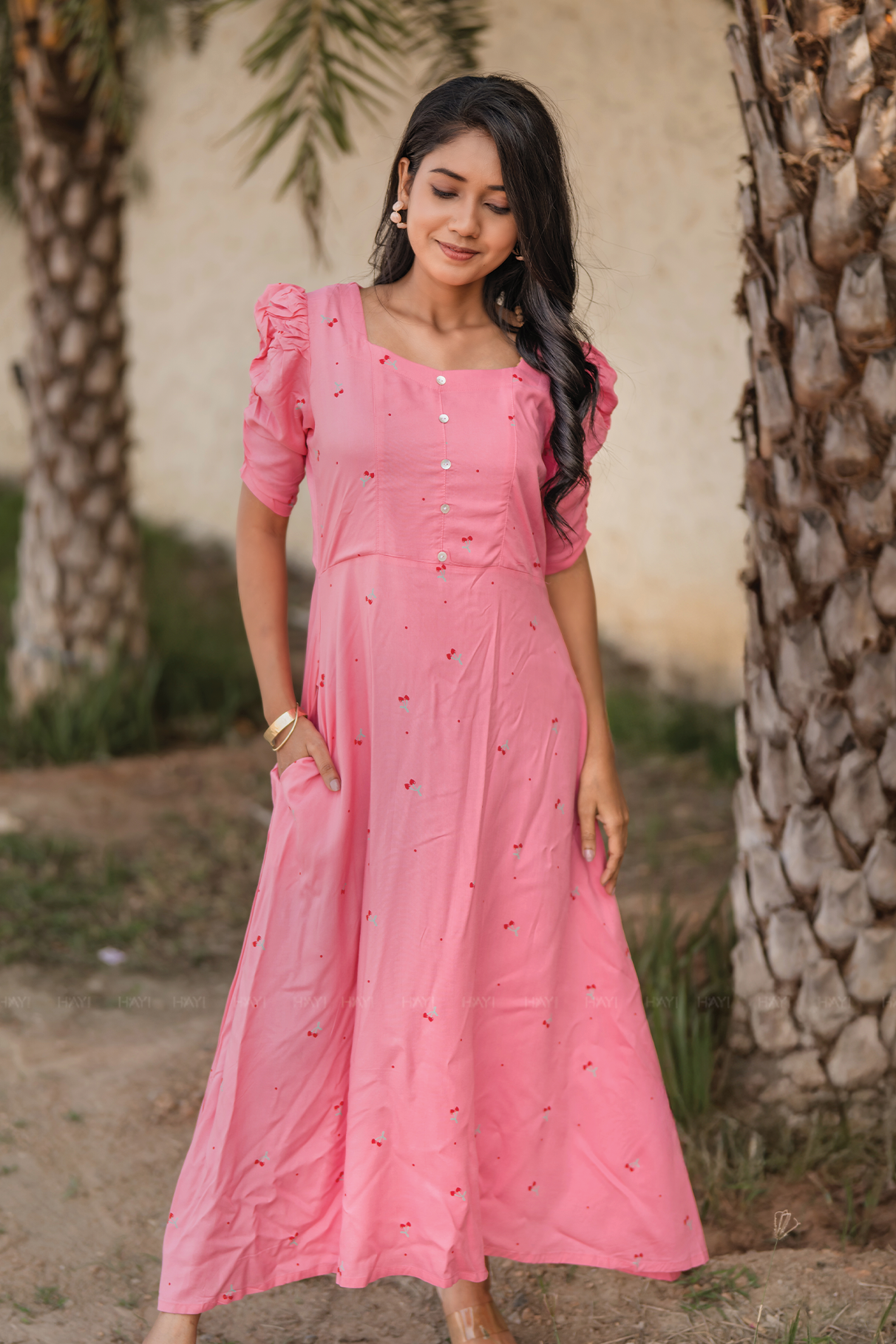 Blush Cascade Pink Viscose Dress with Sweetheart Neck &amp; Ruched Sleeves