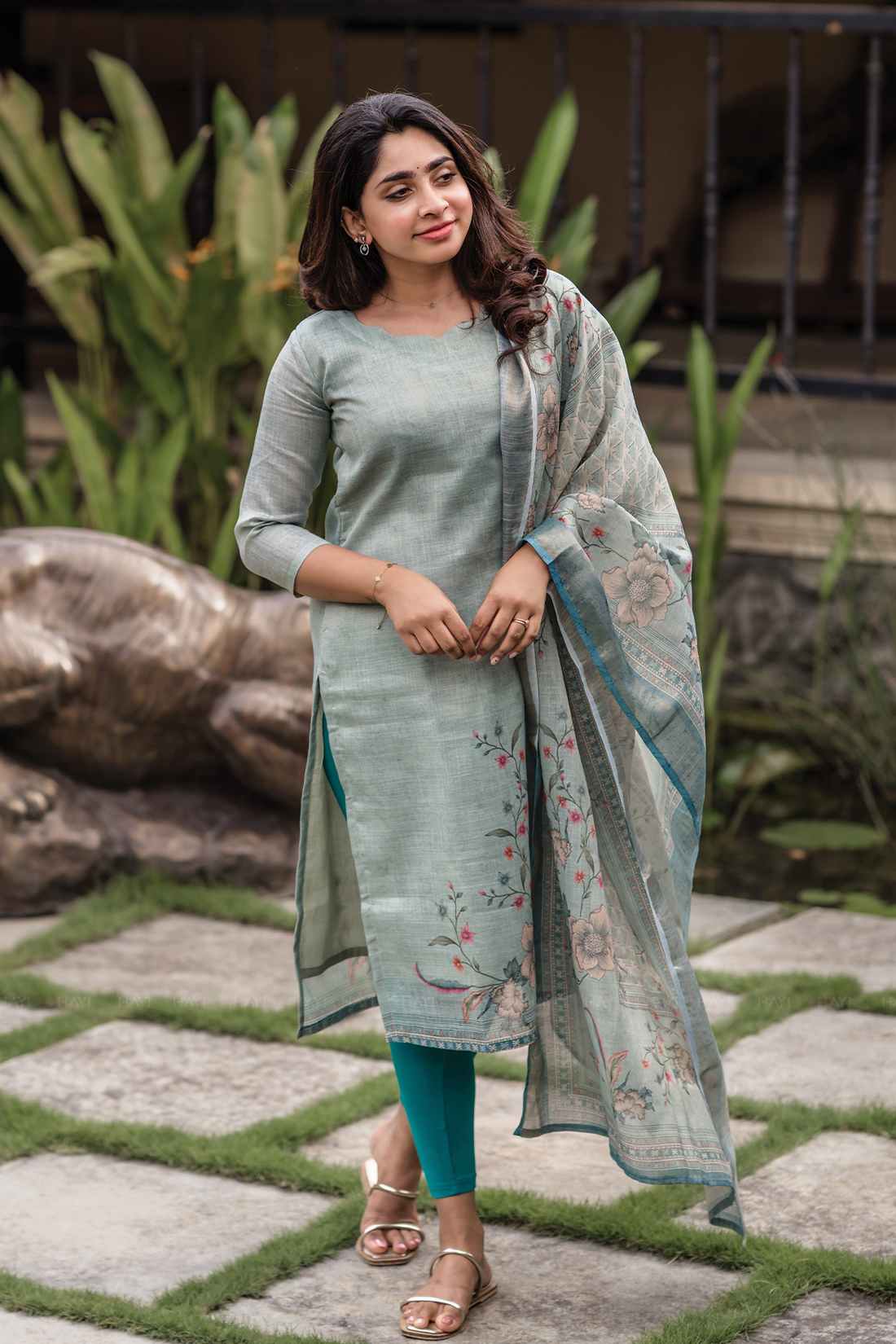 Tharisa Greyish Blue 3 Piece Shimmer Tissue Blend Placement Printed Kurta with Pant &amp; Dupatta