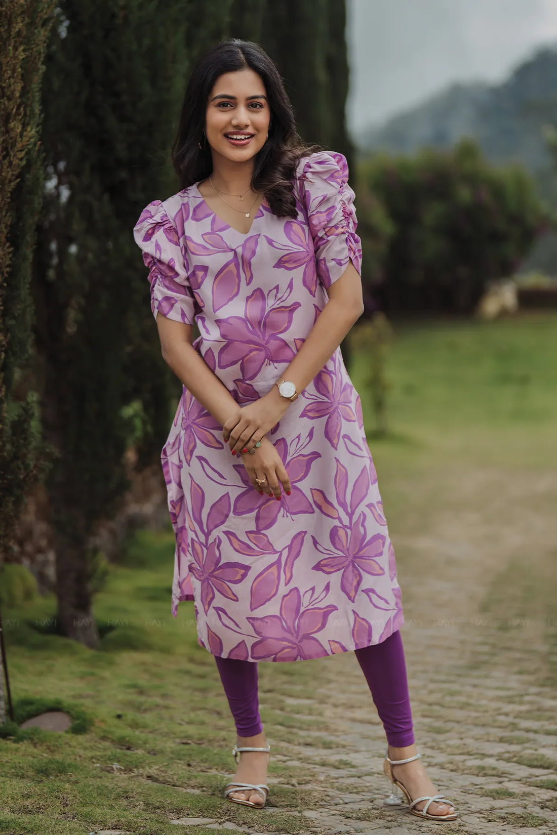 Meadow Grace Violet Viscose Kurta with V-Neckline &amp; Ruched Sleeves