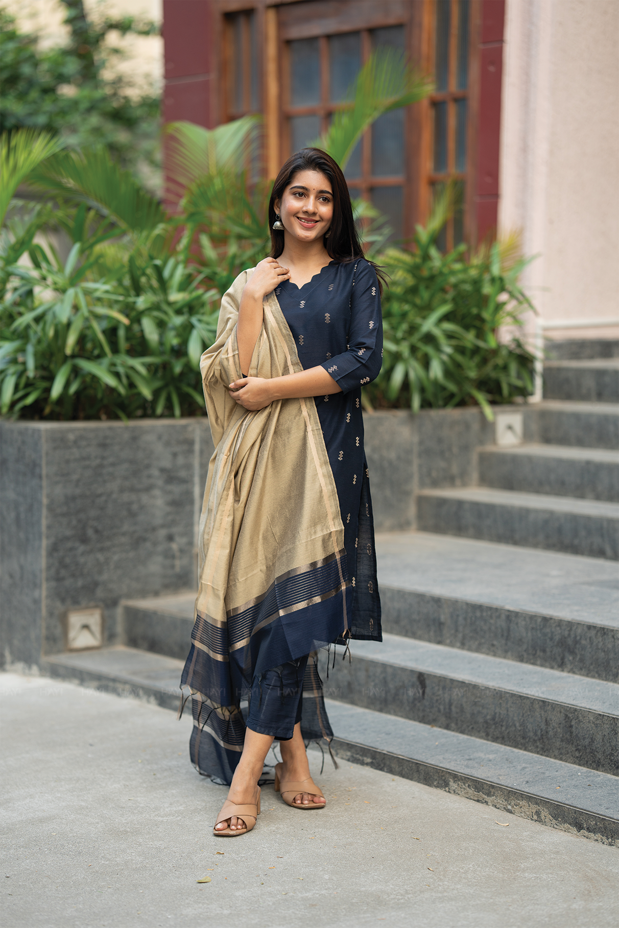 Neelika Navy 3 Piece Viscose Jacquard Weave Kurta with Pant &amp; Dupatta