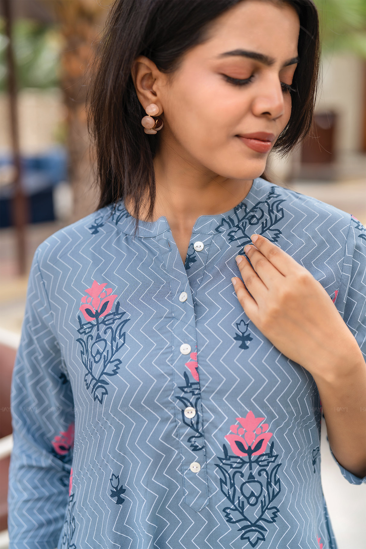 Bloomtrace Greyish Blue Viscose A-Line Kurta with Chinese Collar Neck &amp; 3/4th Sleeves