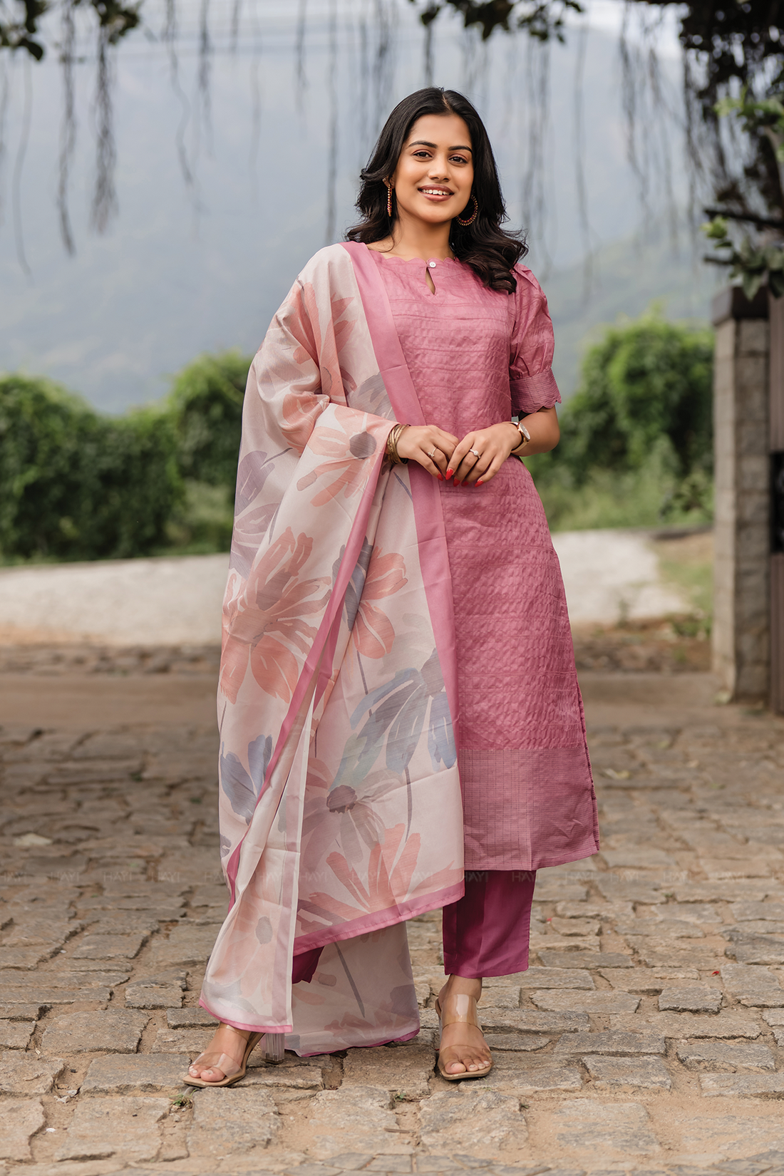 Radiance Mist Pink 3 Piece Tussar Silk Blend Printed Kurta with Pant &amp; Dupatta