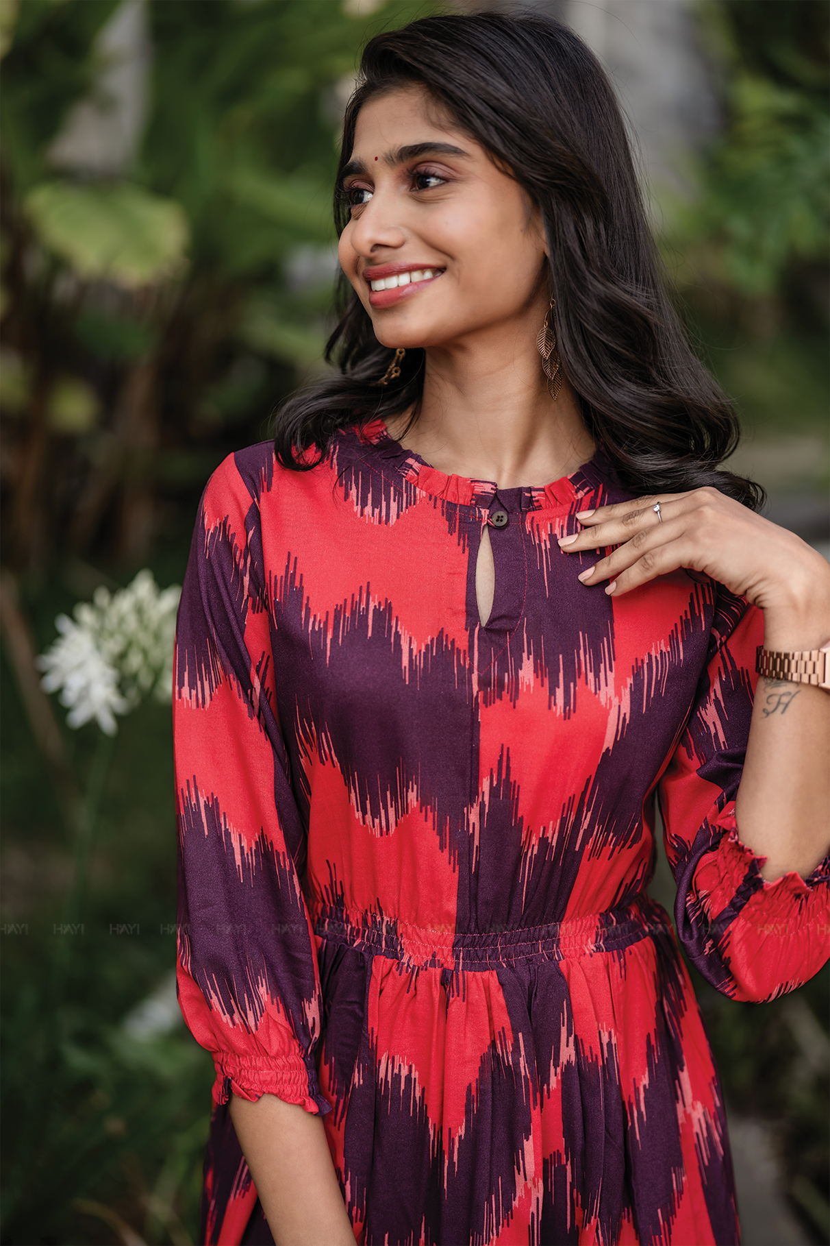 Ikat Lucent Red Viscose Umbrella Outfit with Frills Neck