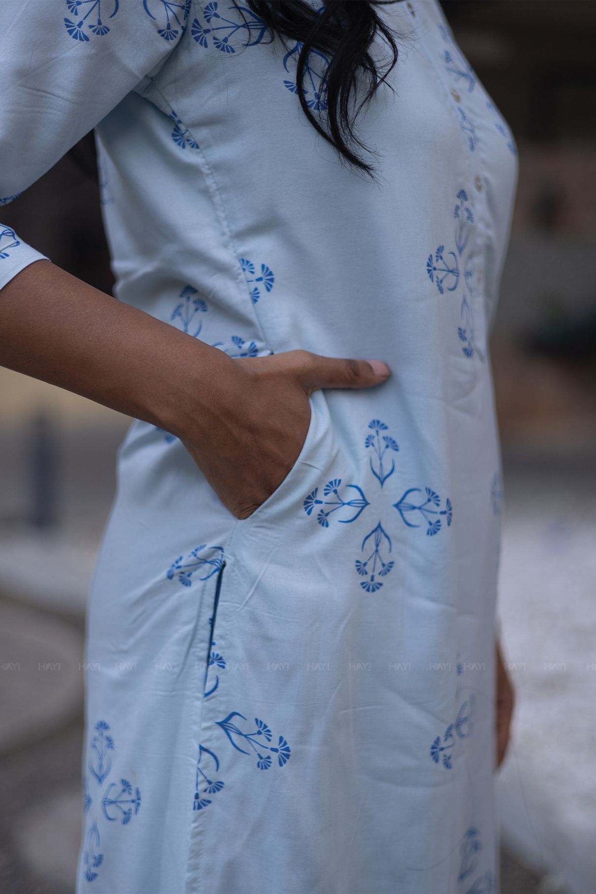 Willow Mist Blue Viscose Co-ord with Chinese Collar &amp; 3/4th sleeves