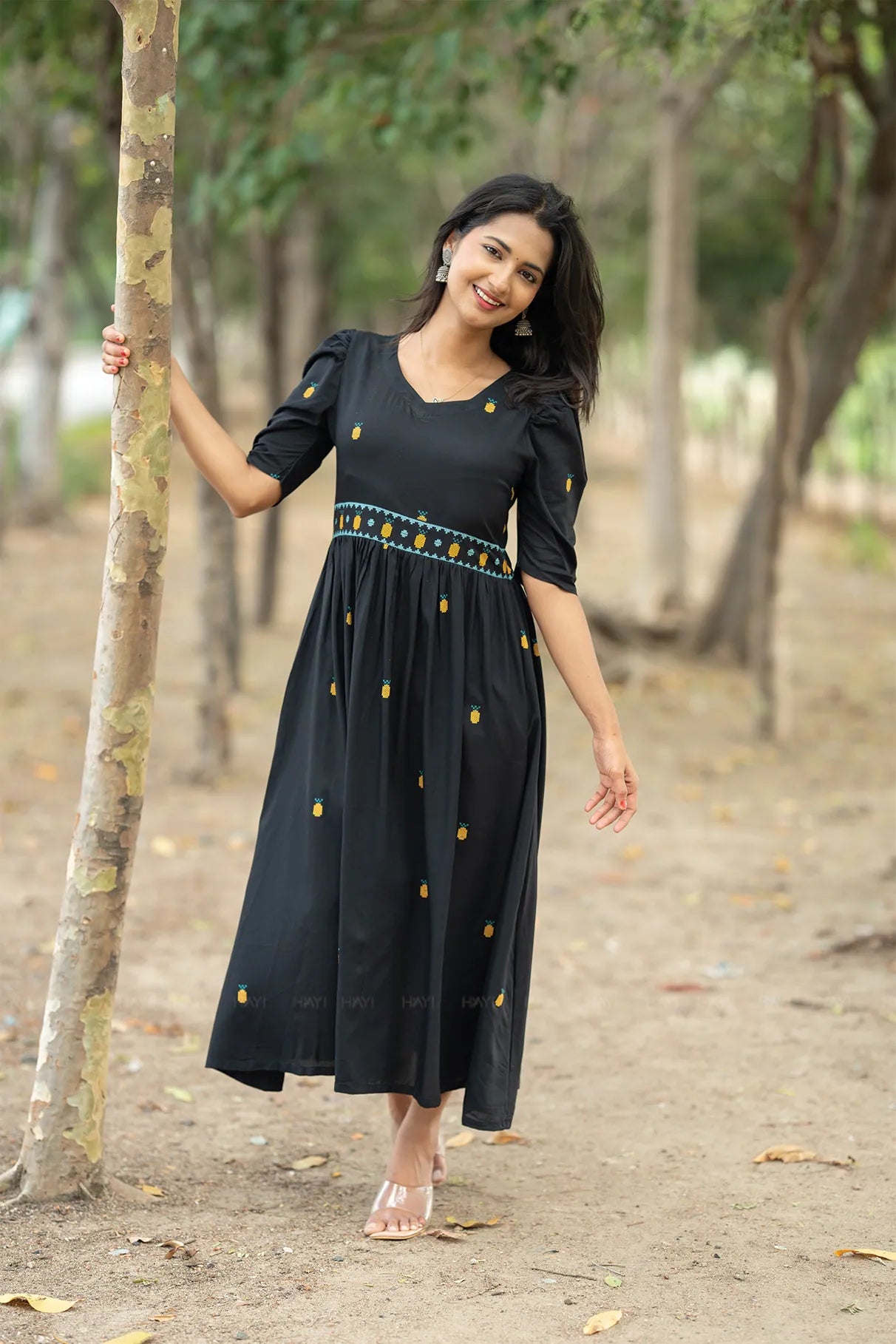 Starry Pineapple Black Viscose with Leg-O-Mutton Sleeves