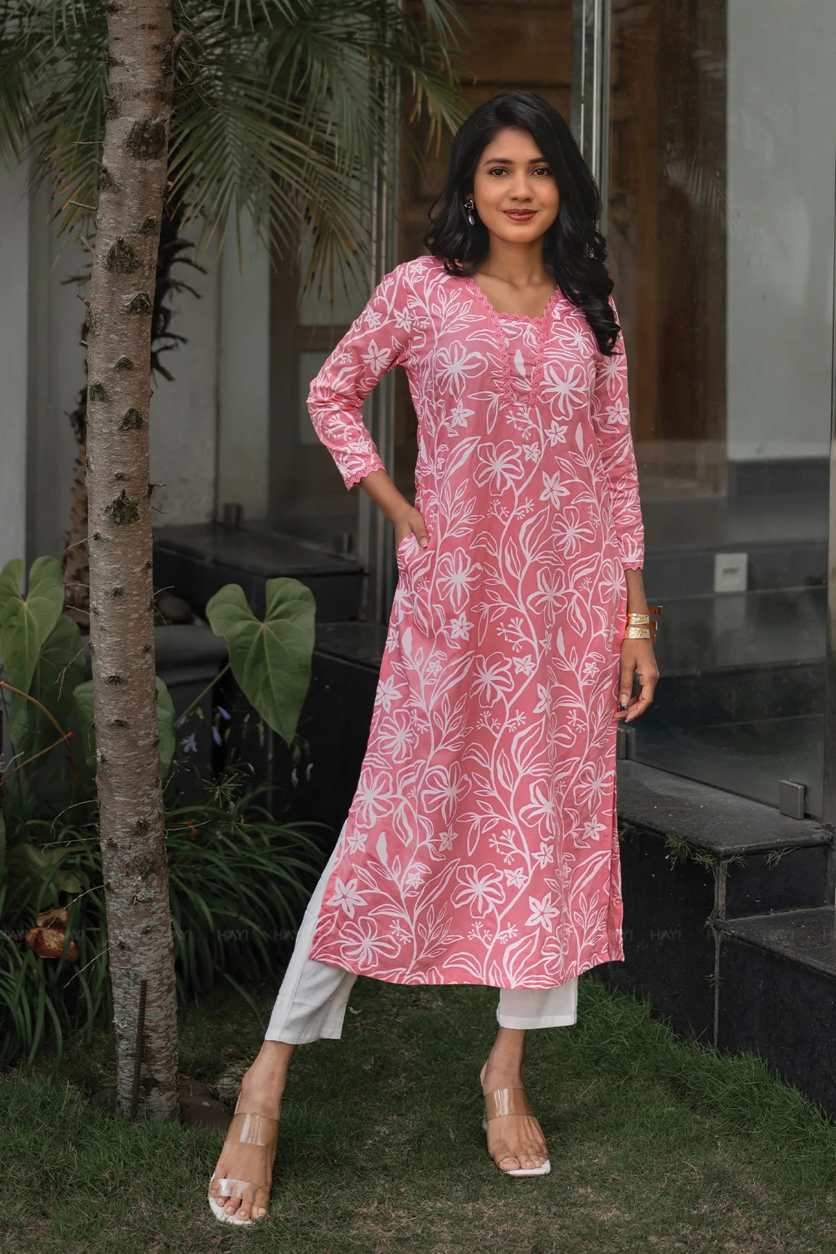 Mireya Roseline Pink Viscose Kurta with V-Neck &amp; 3/4 Sleeves
