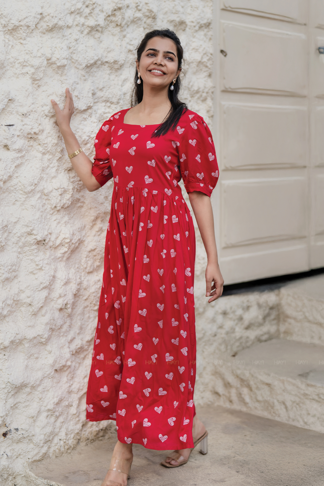 Heartspell Valentine Red Viscose Dress with Square Neck &amp; Puff Sleeves with Cuff