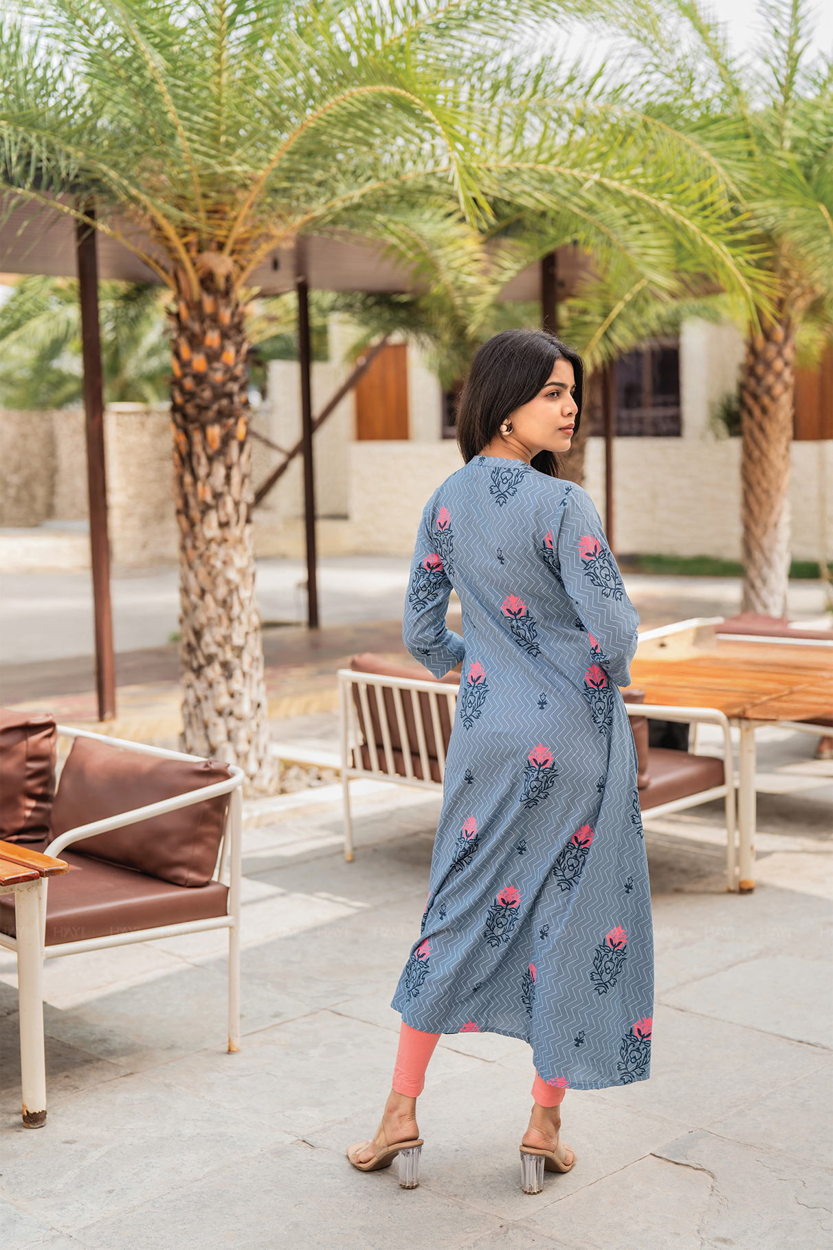 Bloomtrace Greyish Blue Viscose A-Line Kurta with Chinese Collar Neck &amp; 3/4th Sleeves