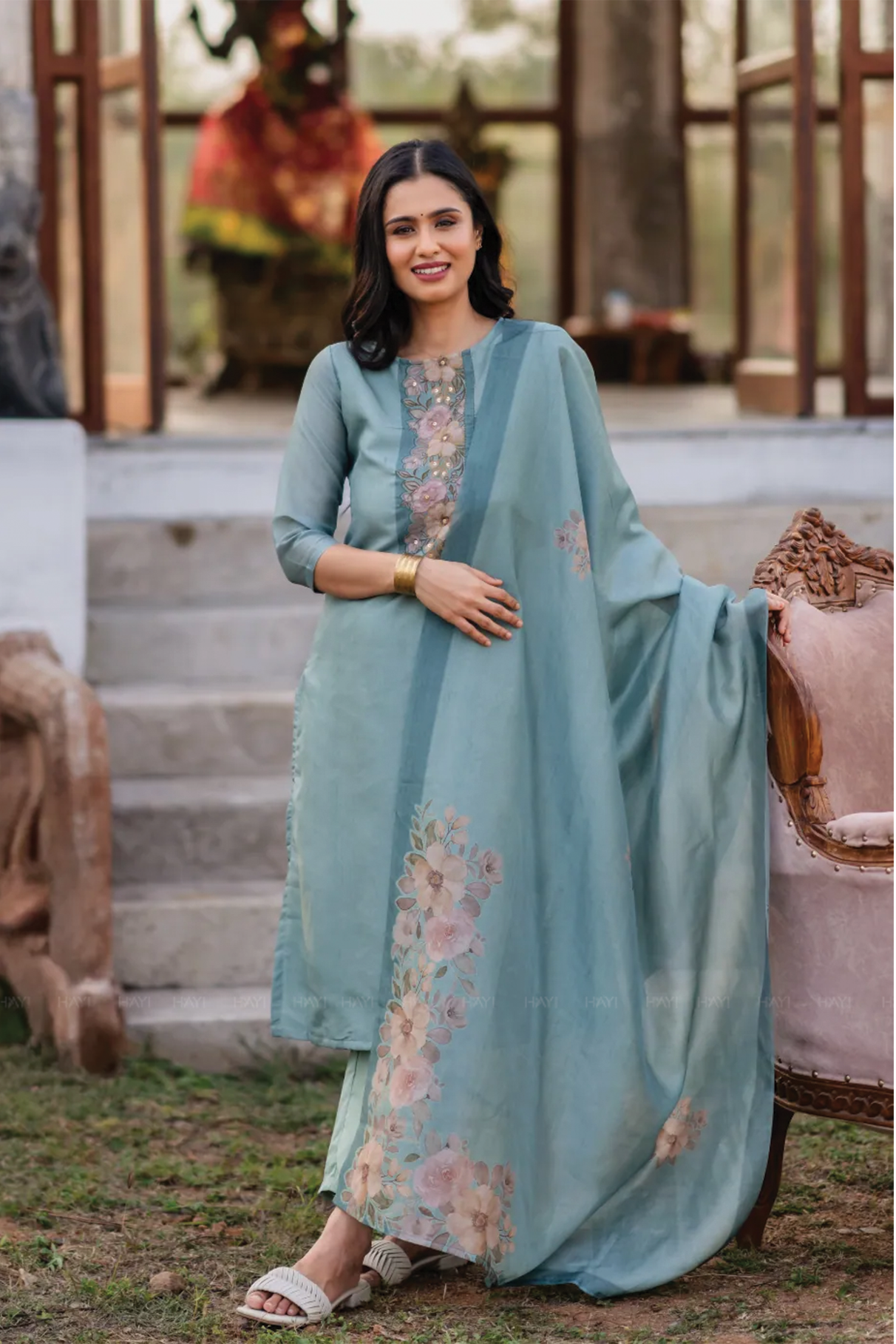 Rustic Charm Green 3 Piece Shimmer Tissue Blend Embroidered &amp; Printed Kurta with Pant &amp; Dupatta