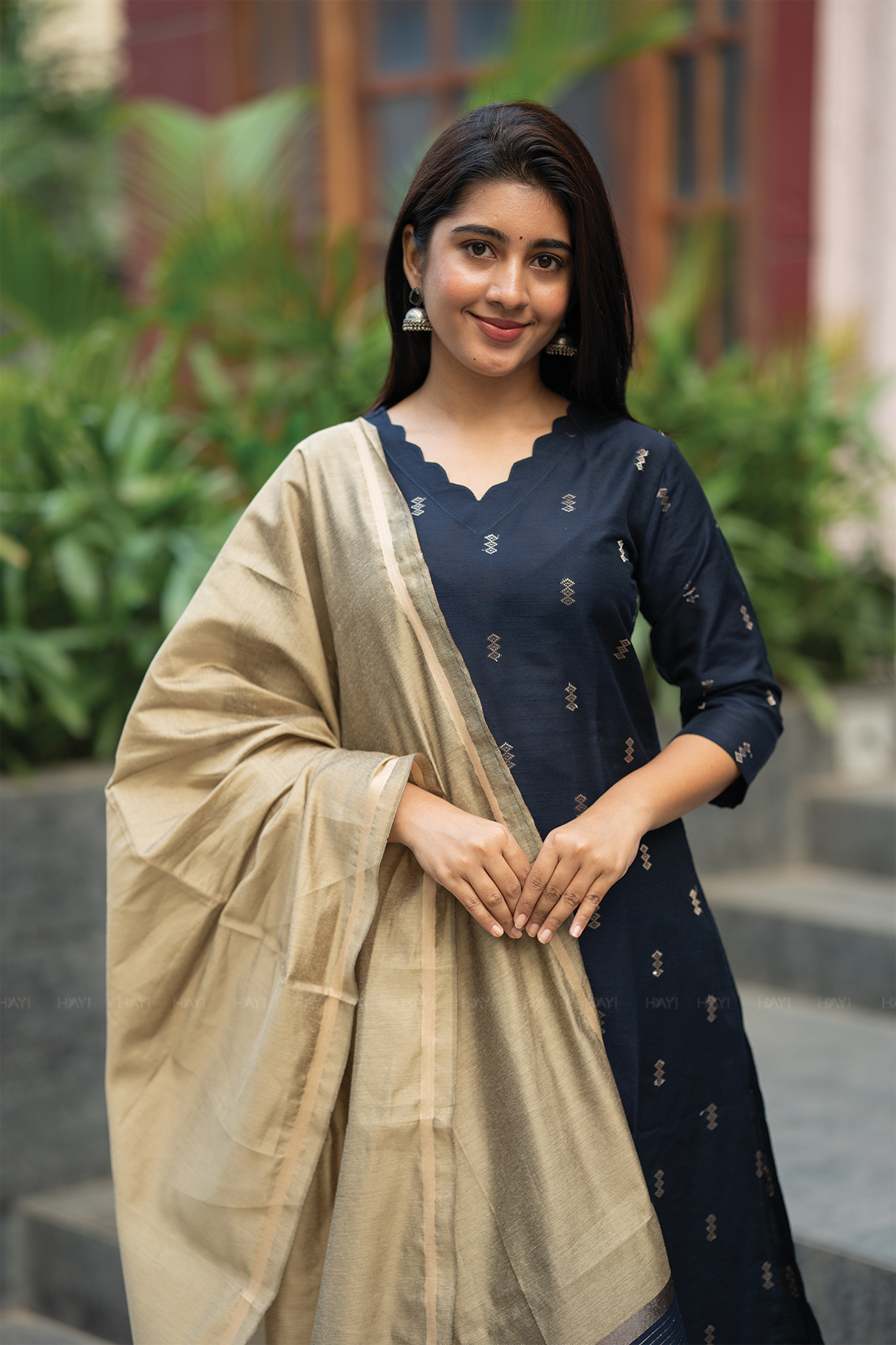 Neelika Navy 3 Piece Viscose Jacquard Weave Kurta with Pant &amp; Dupatta