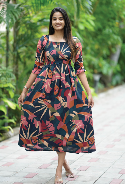 Multicolour With Jungle Serenity Smocked Viscose Dress