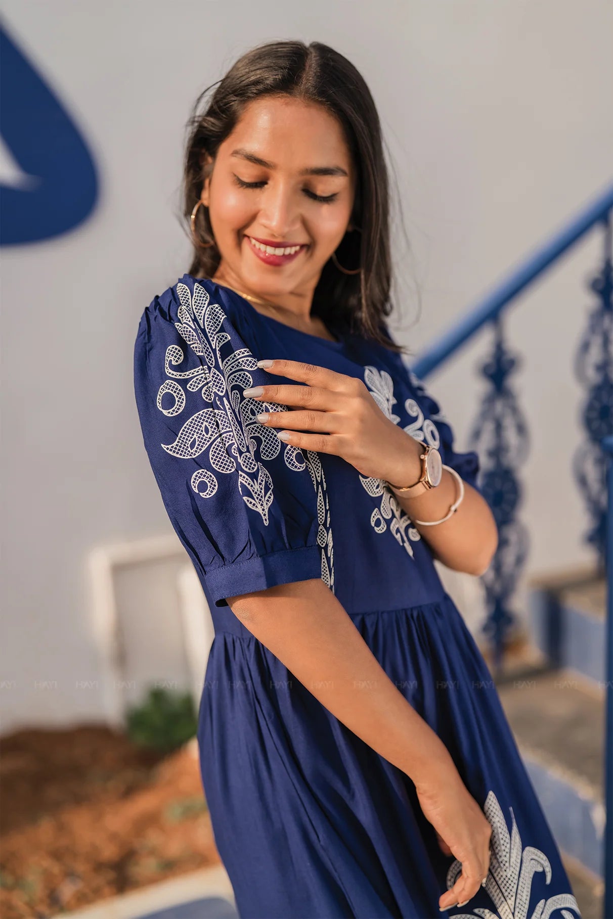 Ornate Panel Blue Viscose Dress with Boat Neck &amp; Puff Sleeves