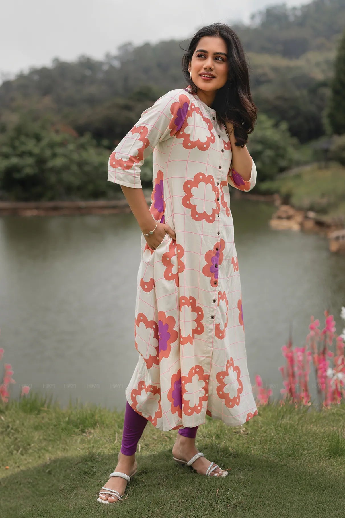 Floracheck Enchant Beige Viscose A-Line Kurta with Chinese Collar &amp; 3/4th Sleeves