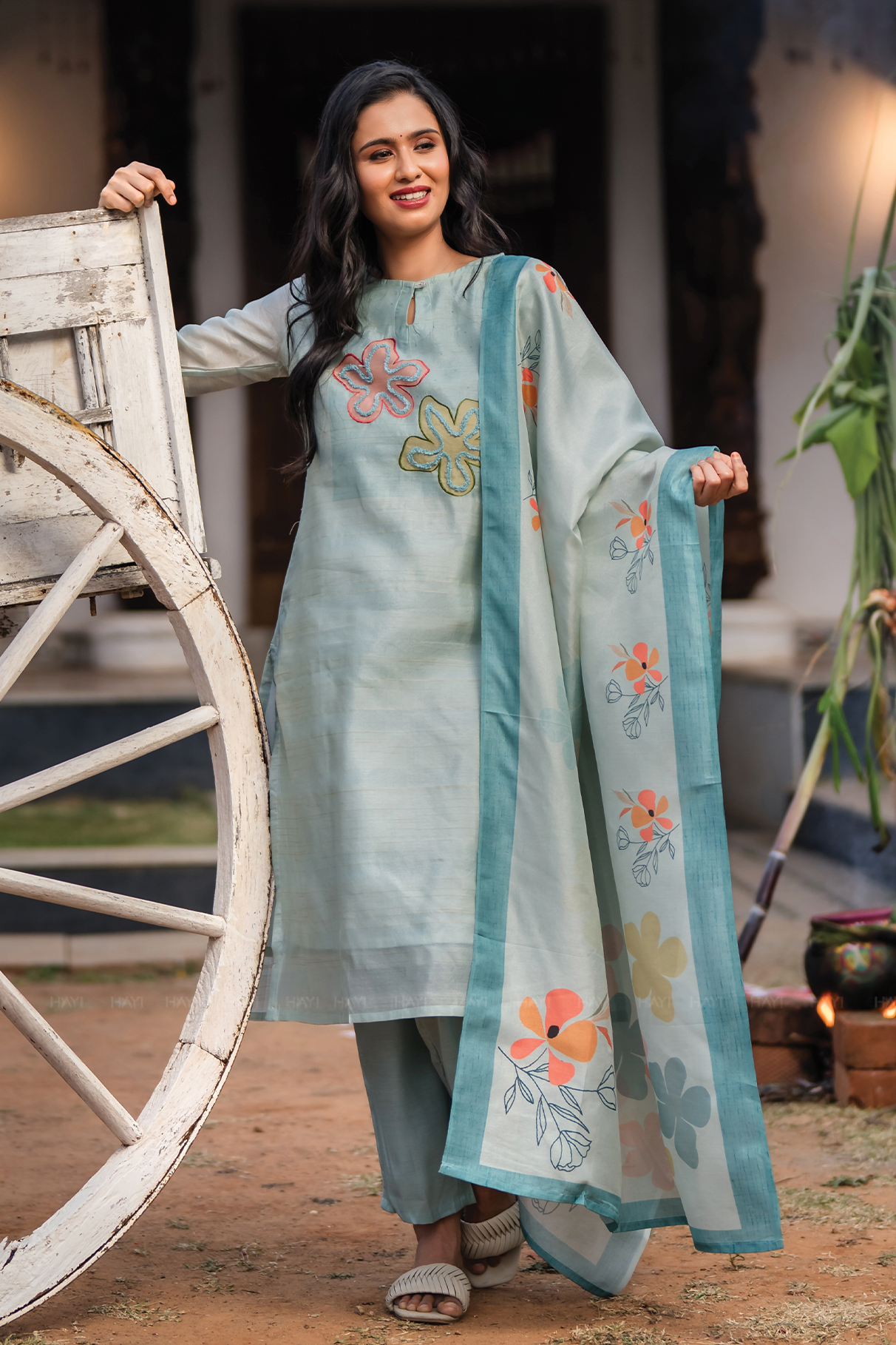 Blueish Blue 3 Piece Tussar Silk Blend Printed Hand-Embroidered Kurta with Pant &amp; Dupatta