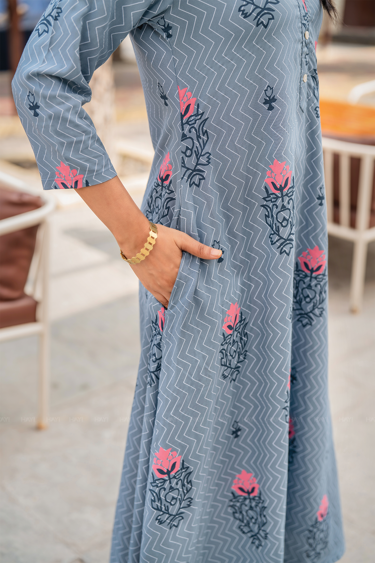 Bloomtrace Greyish Blue Viscose A-Line Kurta with Chinese Collar Neck &amp; 3/4th Sleeves