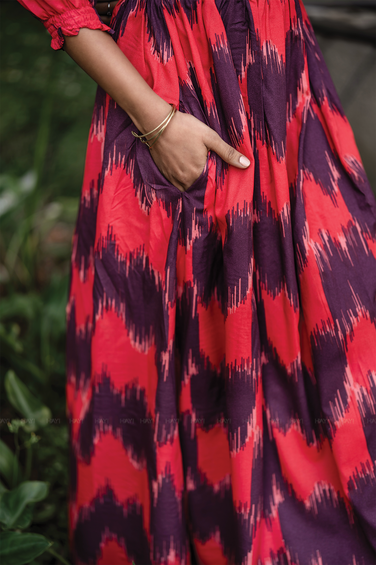 Ikat Lucent Red Viscose Umbrella Outfit with Frills Neck