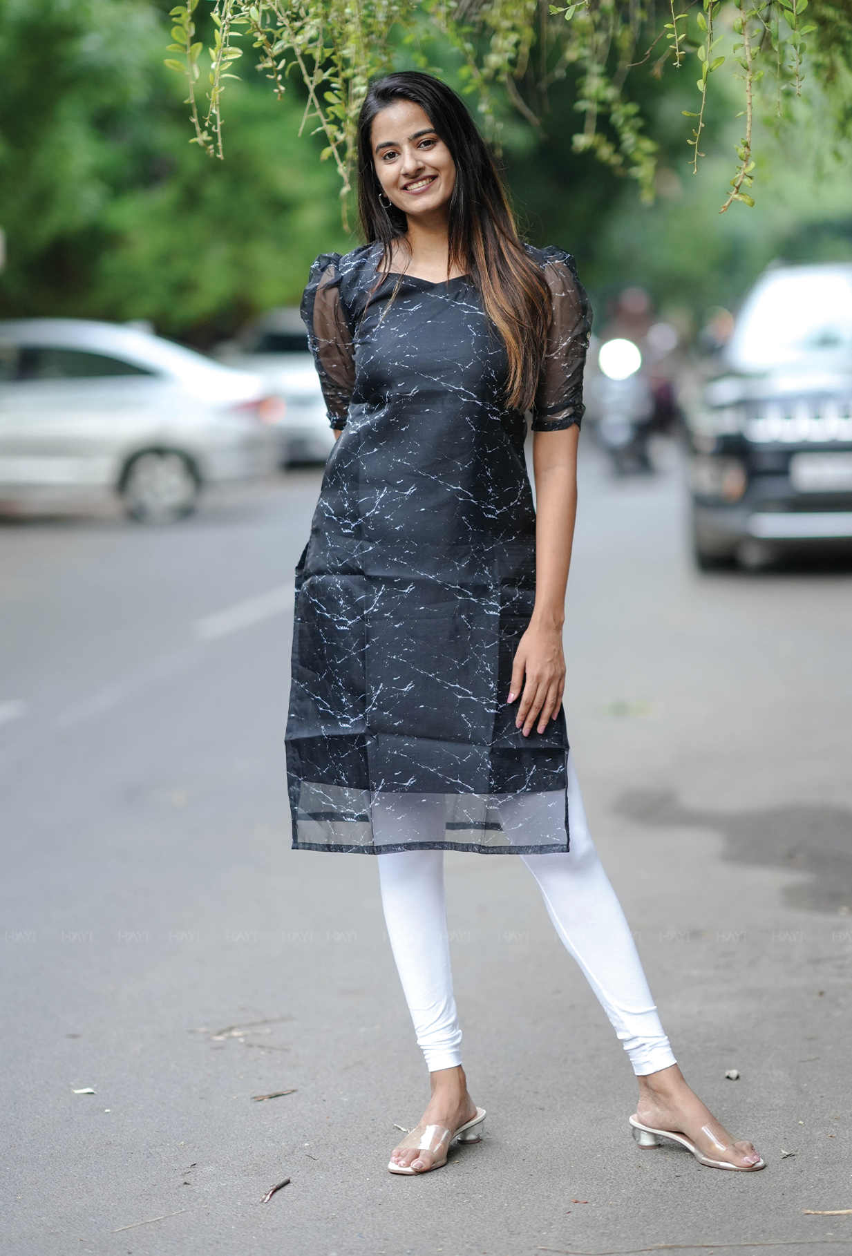 Fused Black with Silver Gleam printed Organza kurta