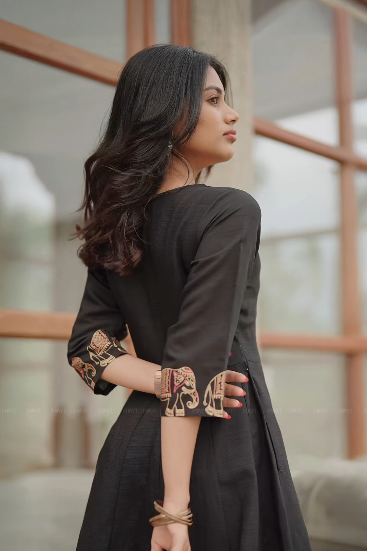 Elephora Black Viscose Foil Printed Anarkali with V-Neck &amp; 3/4 Sleeves