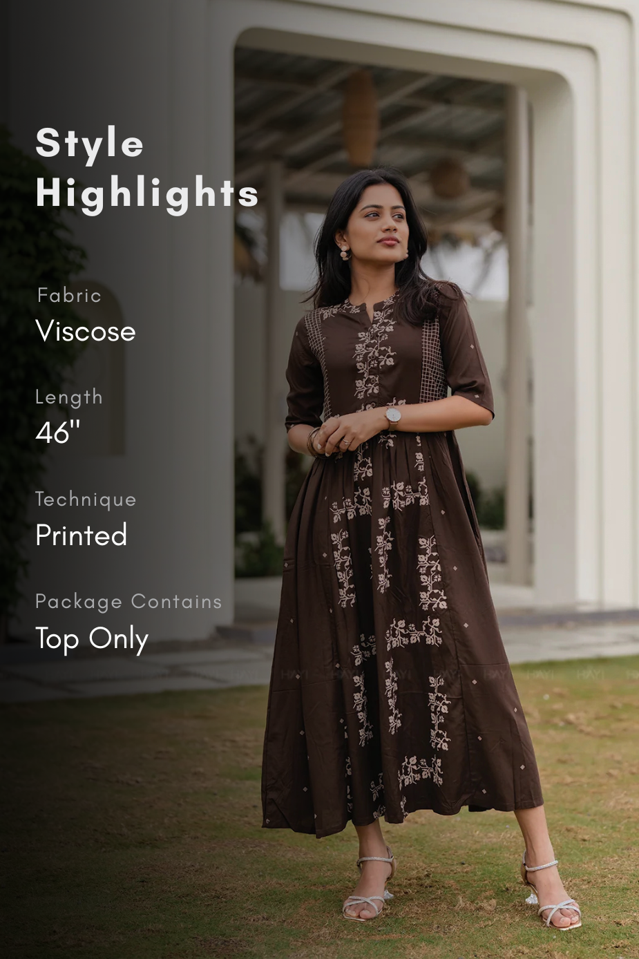 Caramel Flora Brown Viscose Dress with Chinese Collar Neck &amp; Elbow Sleeves