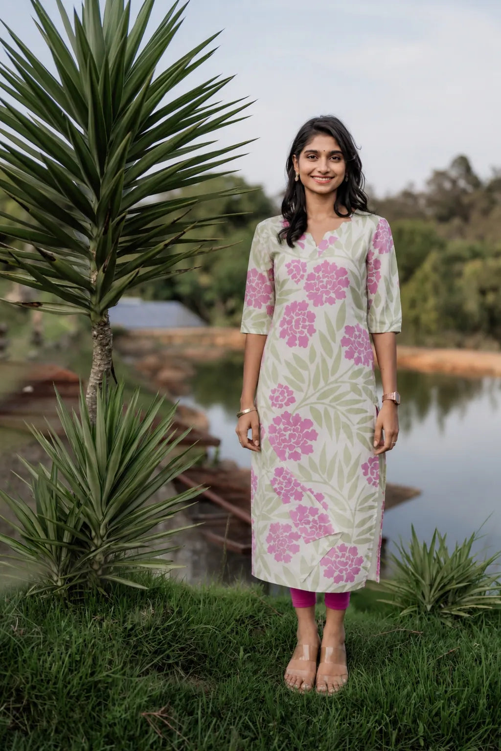 Bloomie Grace Beige Floral Printed Viscose Kurta