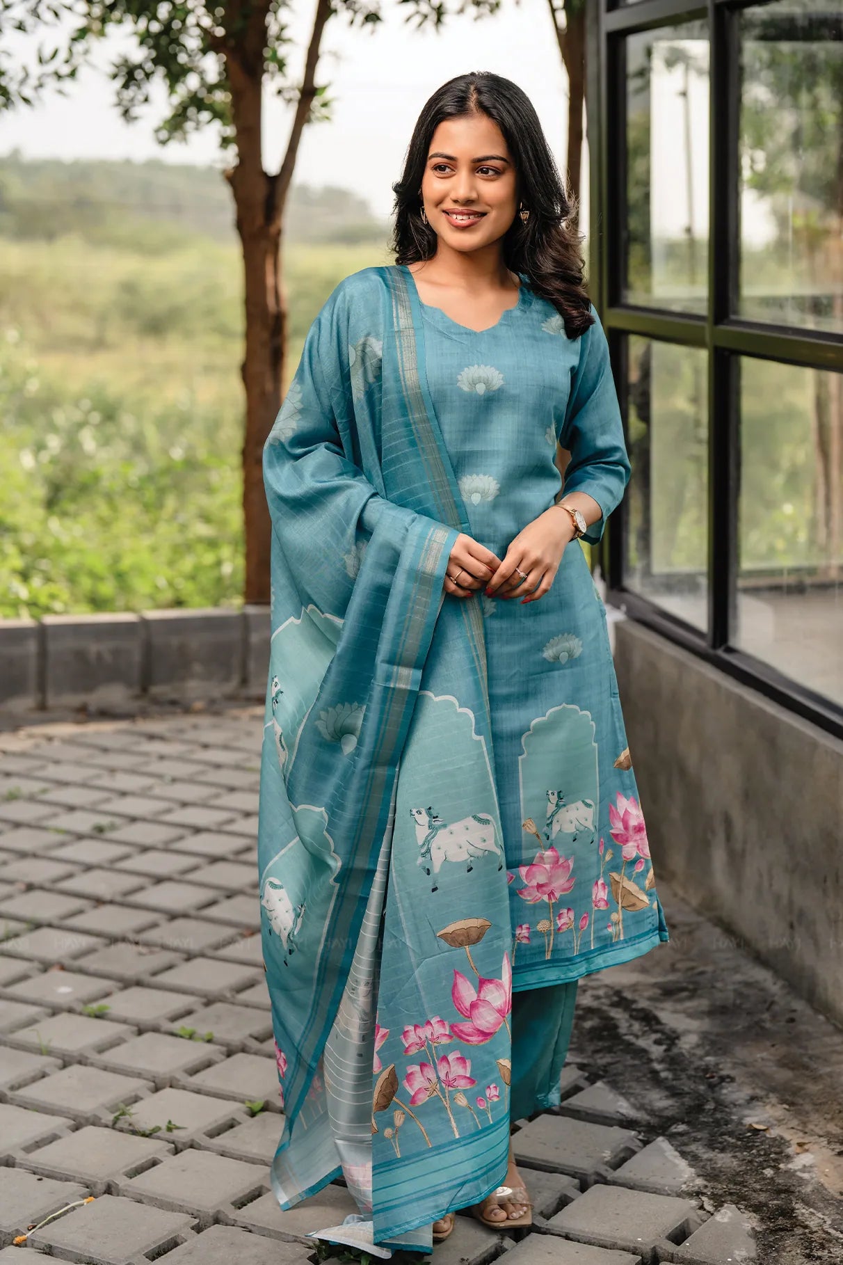 Lotus Charm Blue 3 Piece Tussar Silk Blend Printed Kurta with Pant &amp; Dupatta