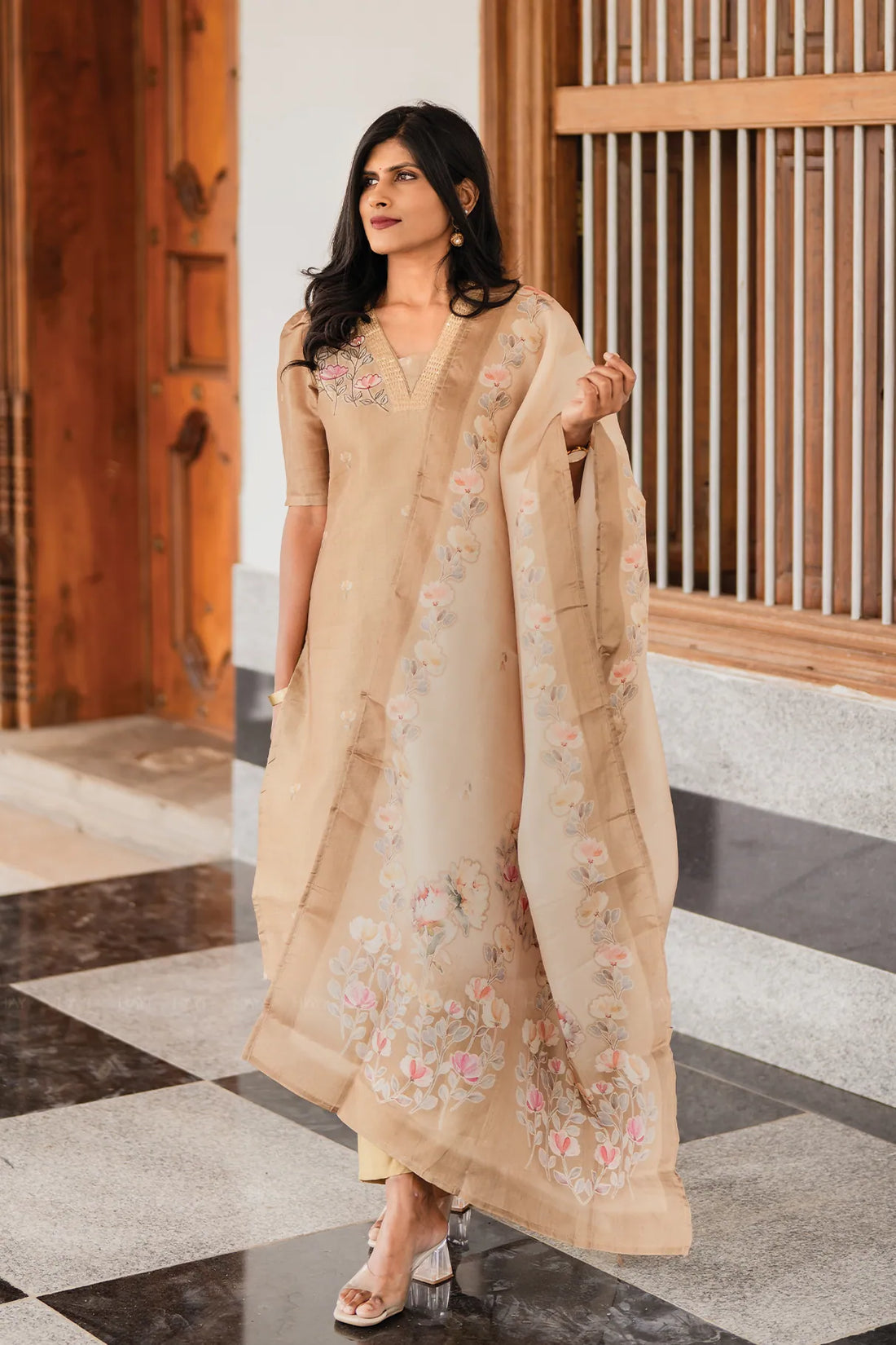 Classic Natural Yellow 3-Piece Tussar Silk Blend Floral Hand-Embroidered Kurta with Pant &amp; Dupatta