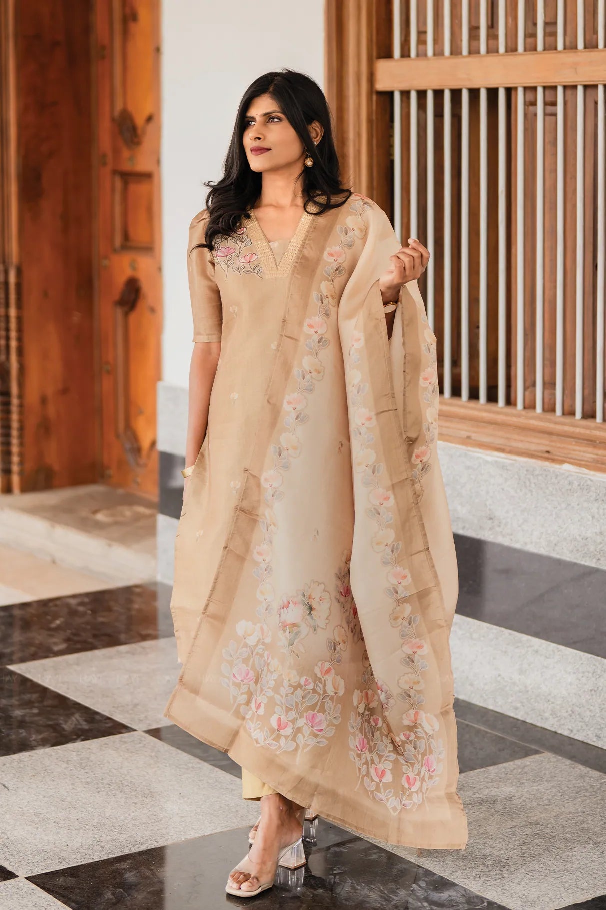 Classic Natural Yellow 3-Piece Tussar Silk Blend Floral Hand-Embroidered Kurta with Pant &amp; Dupatta