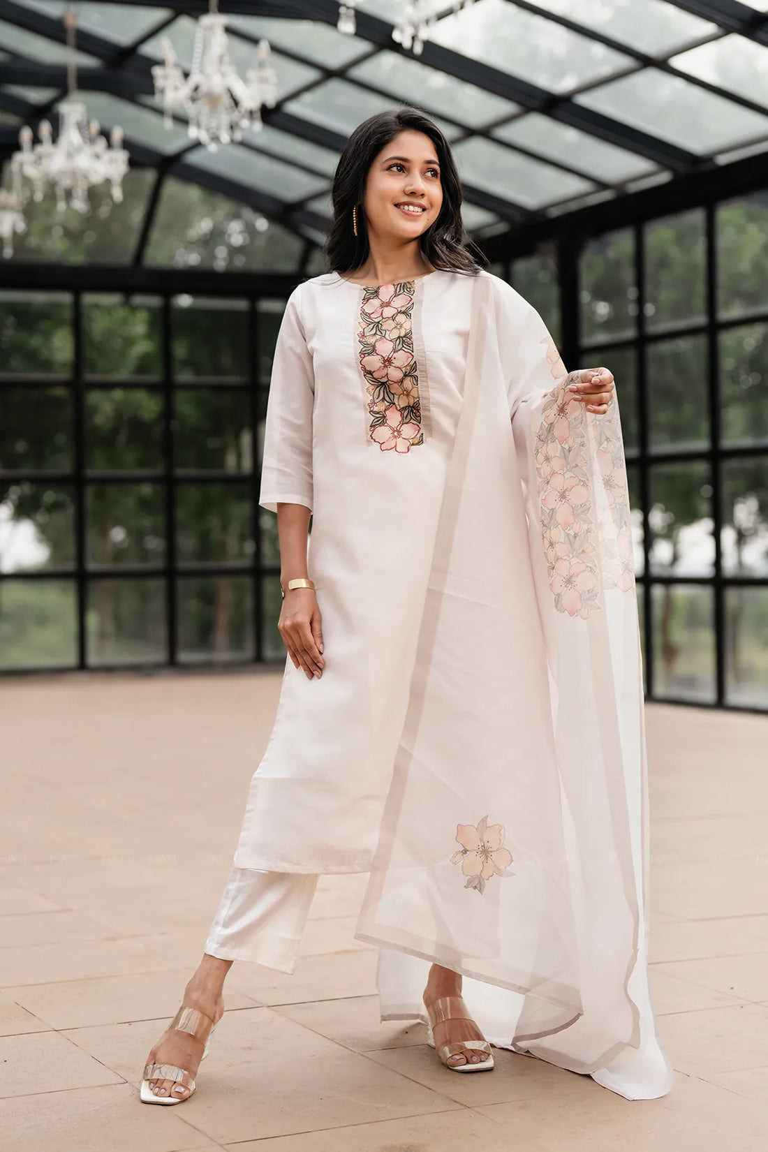 Lavira petal Off-White 3 Piece Silk Blend Embroidery Kurta with Pant &amp; Dupatta